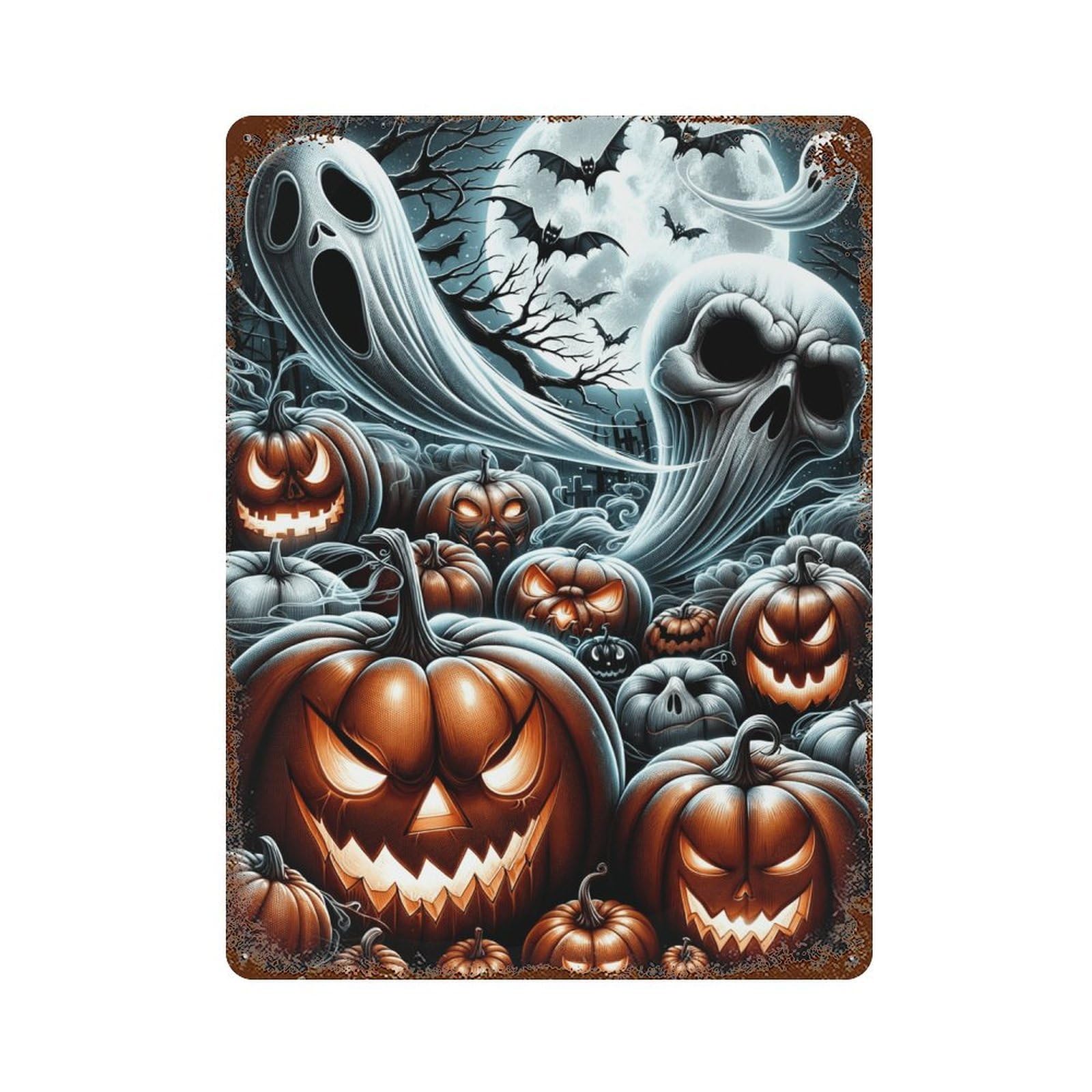 Halloween Ghosts And Pumpkins 15.7"x11.8" Aged Metal Wall Plaque, Novelty Wall Decor for Shed, Workshop And Garage Wall Decor