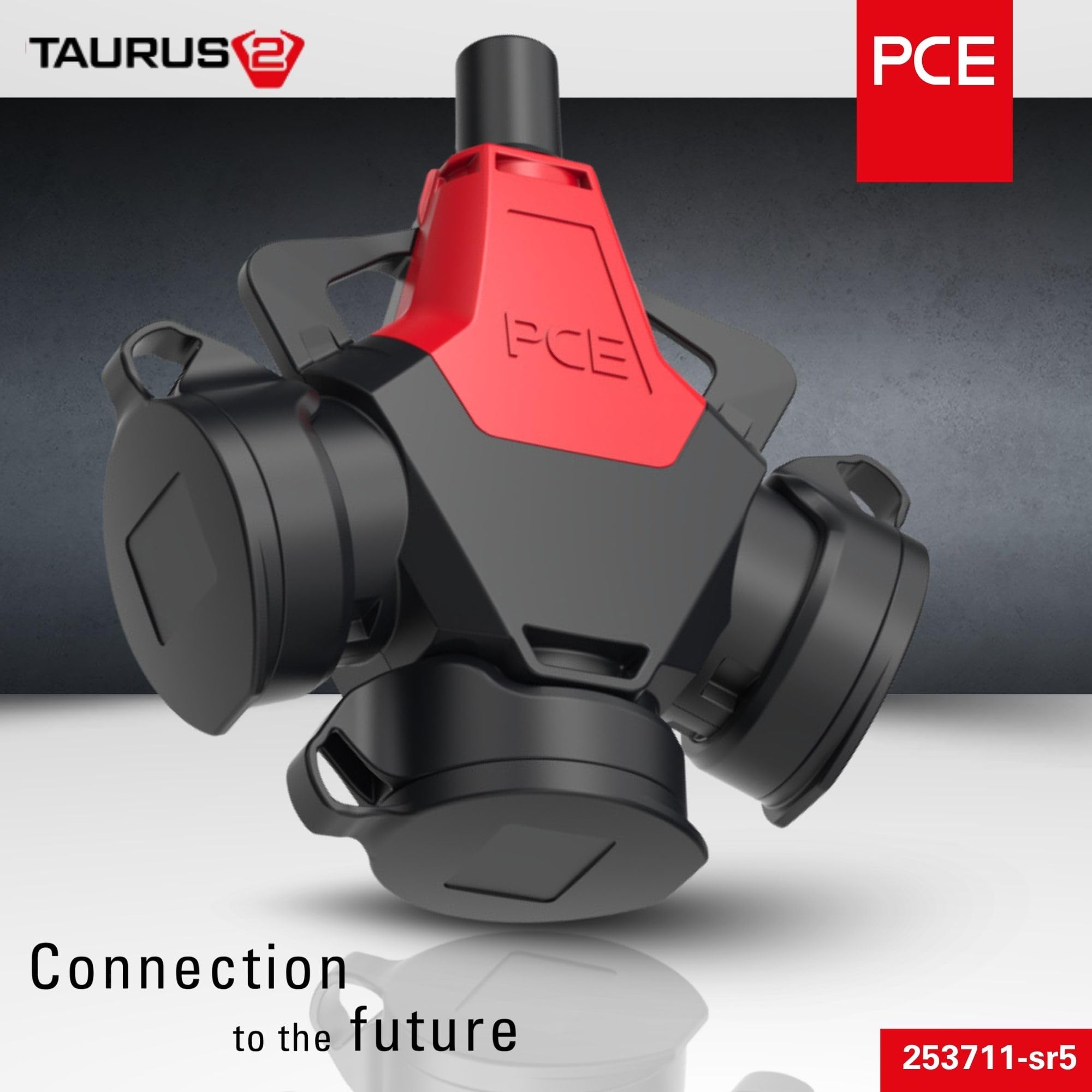 PCE 253711-sr5 Taurus2 3-Wegekupplung Gummi - IP54 Schutzkontakt Kupplung | Robuster 3-fach Verteiler Stecker mit Deckelband für Baustelle & Outdoor, 16A 250V, Zugentlastung & Knickschutz
