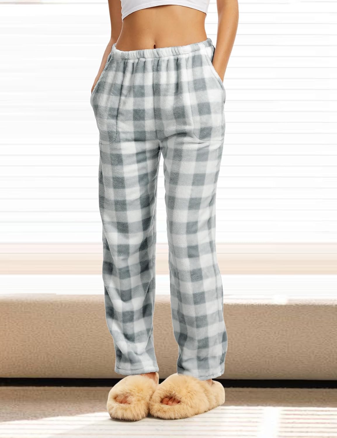 Wyeysyt 2 Pack Womens Plaid Fluffy Pajama Pants Fuzzy Fleece Lounge Pants Elastic Waist Wide Leg Pants with Pocket Pj Bottoms - Image 4