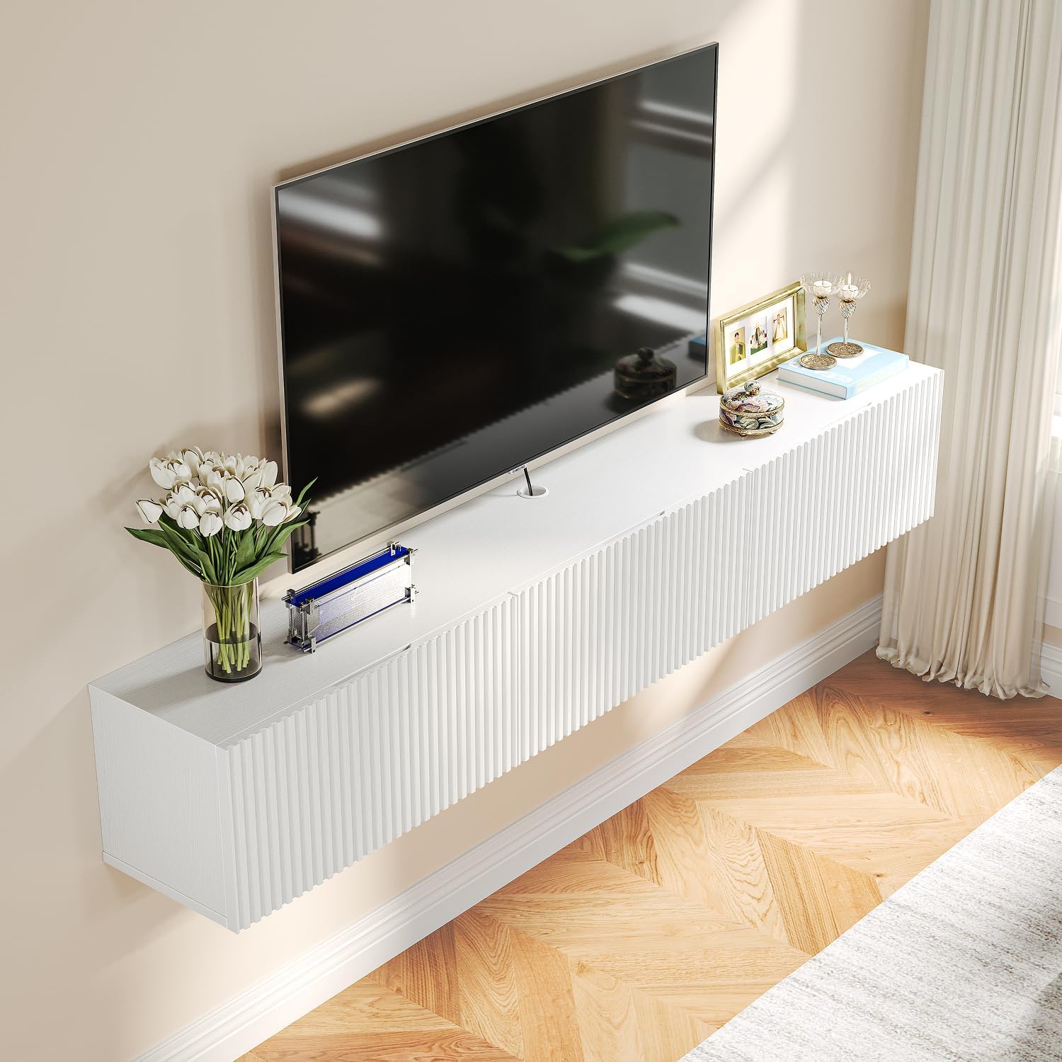Modern Slatted Floating TV Stand with 3 Doors, 70IN Wall Mounted TV Cabinet, Floating Media Console Entertainment Center with Storage, Under TV Shelf for Bedroom Living Room,White