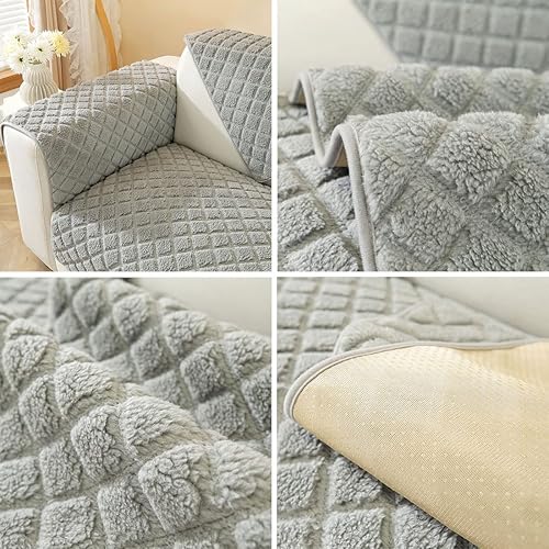 Miniatura 7 de vctops Funda de sofá de forro polar Sherpa a cuadros, color sólido, cálida y acogedora, funda de sofá de felpa mullida para niños, perros, mascotas,