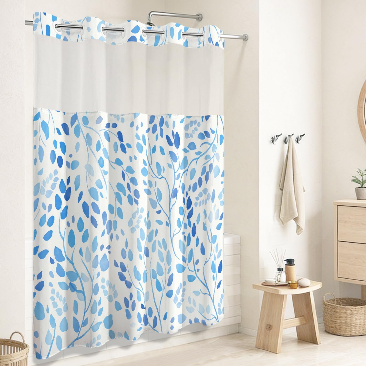 No Hook Shower Curtain with Snap in Liner Set, Boho Blue Leaves Design, Waterproof Washable Fabric Floral Shower Curtains for Bathroom Decor with See Through Mesh Top Window 71x74 Inch