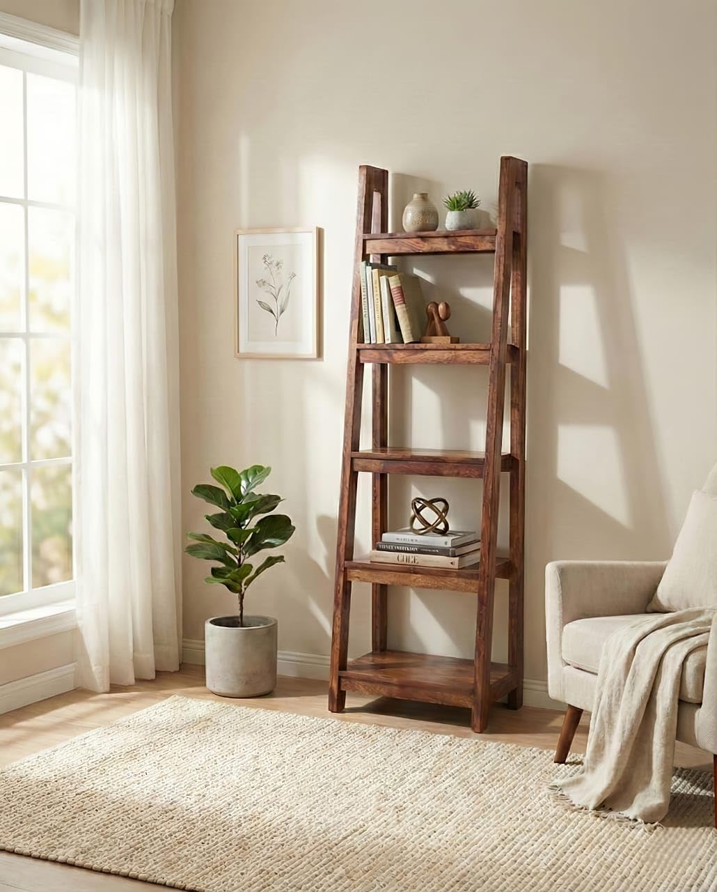 Zeyron Solid Sheesham Wood Ladder Bookshelf, 5-Tier Display Storage Rack, 154 cm Height, Natural Finish-image-42