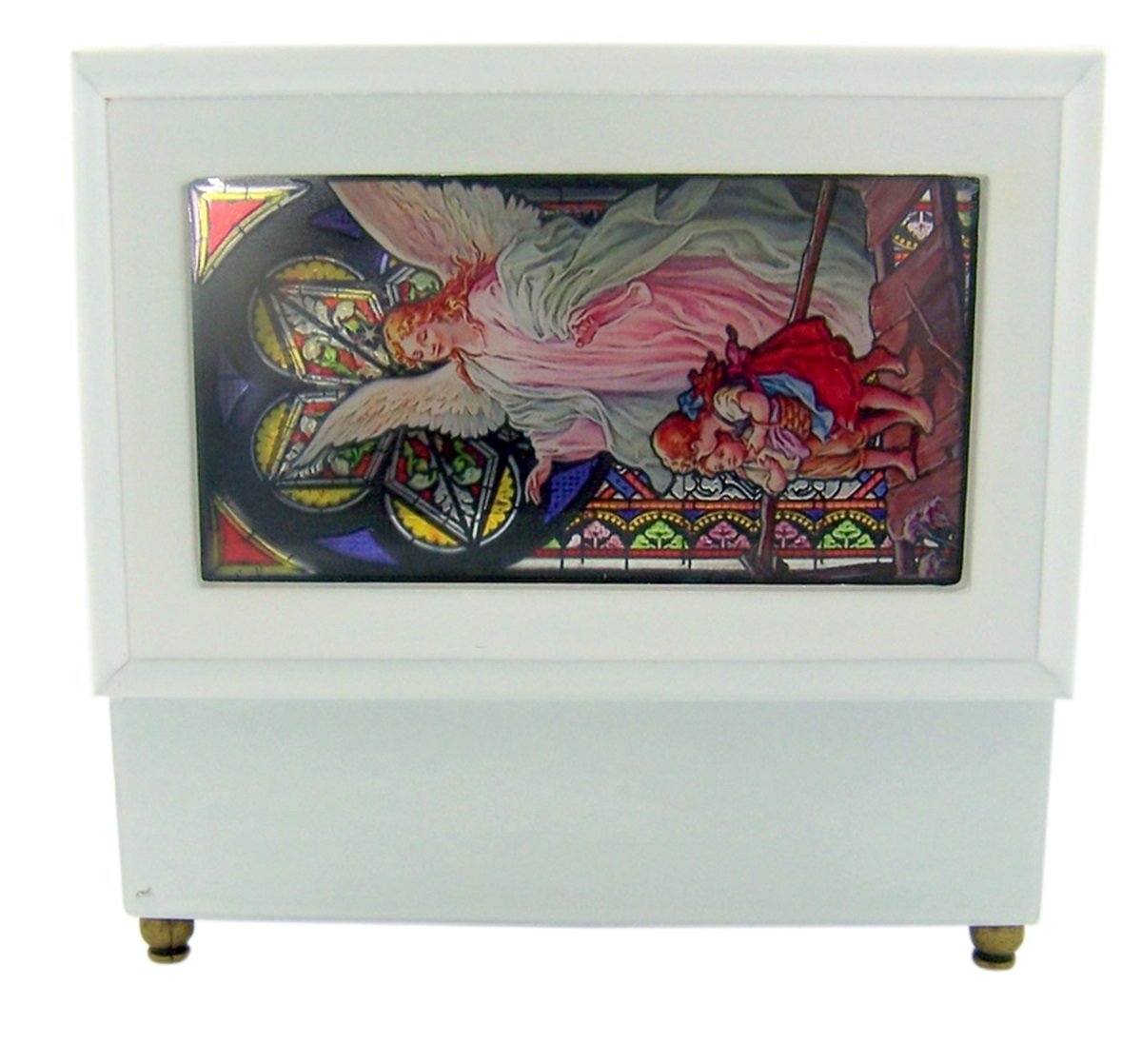 Jewelry Music Box Catholic Religious Guardian Angel Stained Glass White Wood Musical Jewelry Box, 6 1/2 Inch
