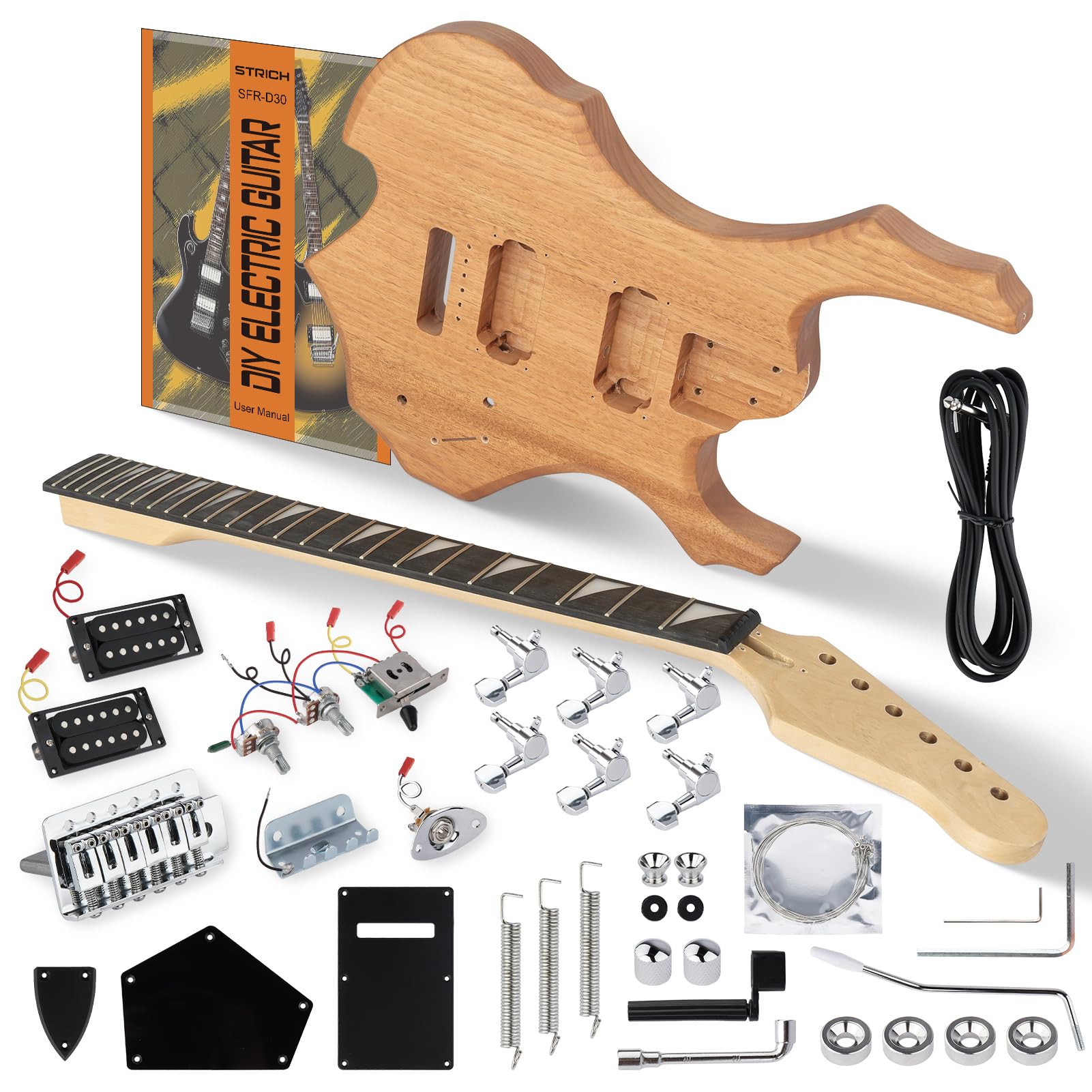 STRICH SFR-D30 Kit de guitare électrique à monter soi-même, corps supérieur flammé brut, configuration de micro HH