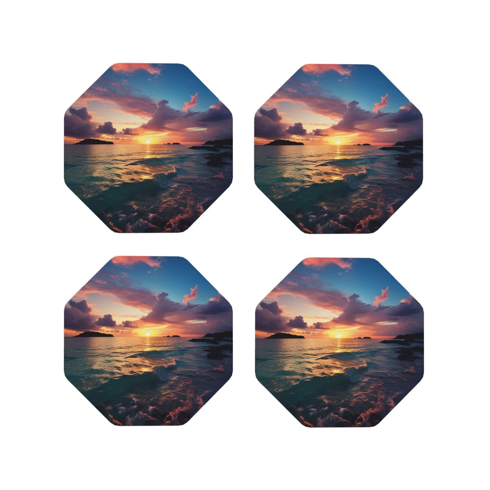 4Pcs PU Leather Coaster for Drinks, Ocean and Sunset Cup Coastersr 4" Cup Mat Pad, Aesthetic Drink Coasters for Coffee Table, Octagon Coaster for Tabletop Protection