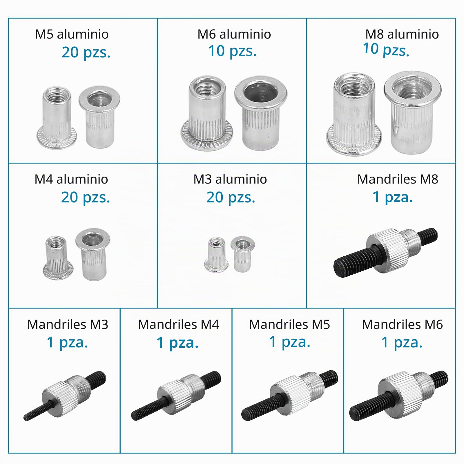 AUTOUTLET - Juego de 86 Pinzas para Tuerca de Remache con Mandriles M3, M4, M5, M6, M8 y 80 Tuercas de Remache, Pinza de remachar roscada de 25,4 cm, Pinza para remachar Ciego, Azul