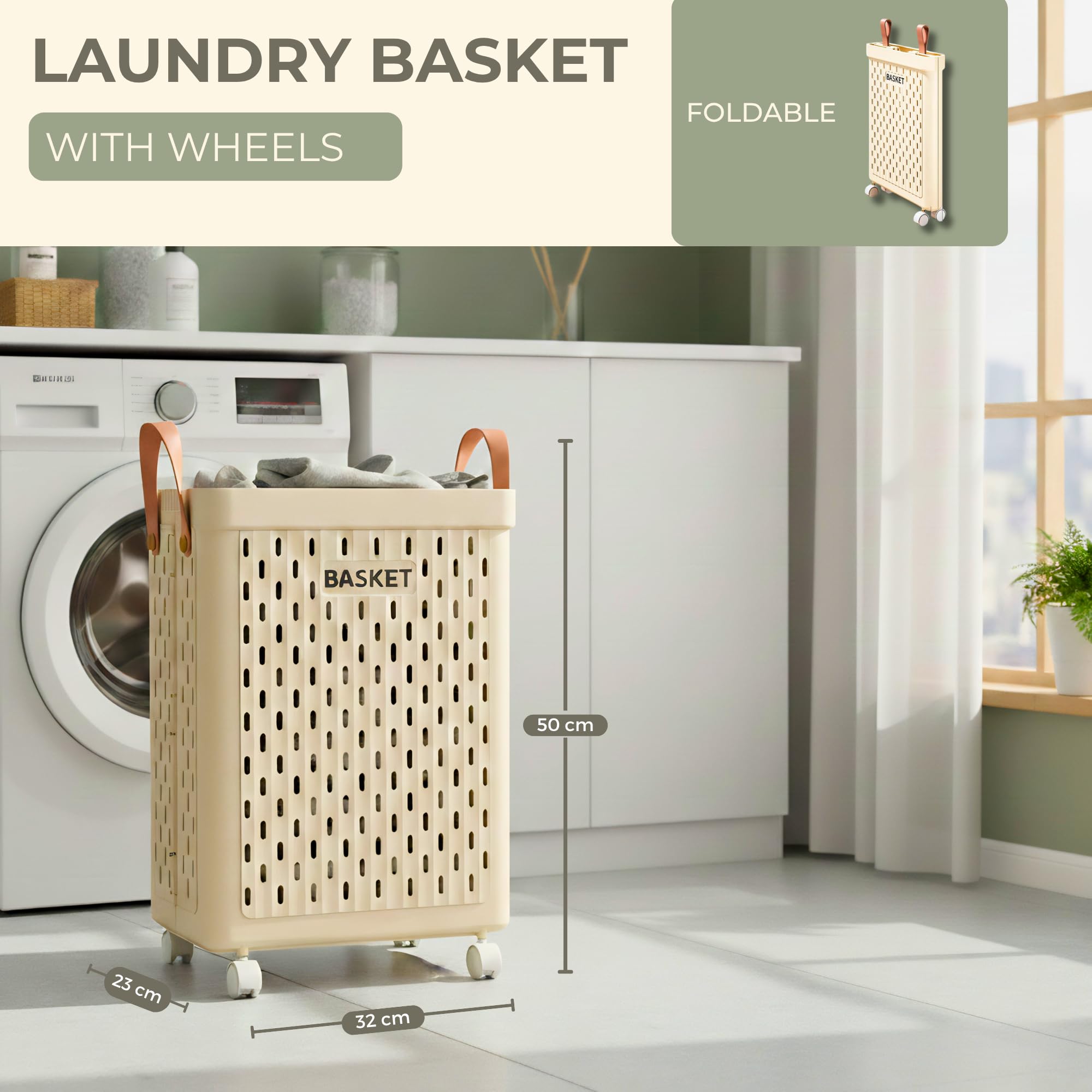 Cesto Porta Biancheria Pieghevole con Ruote, Grande Cesto per Bucato con Maniglie, Ideale per Bagno, Camera e Lavanderia. (50×32×23 cm)