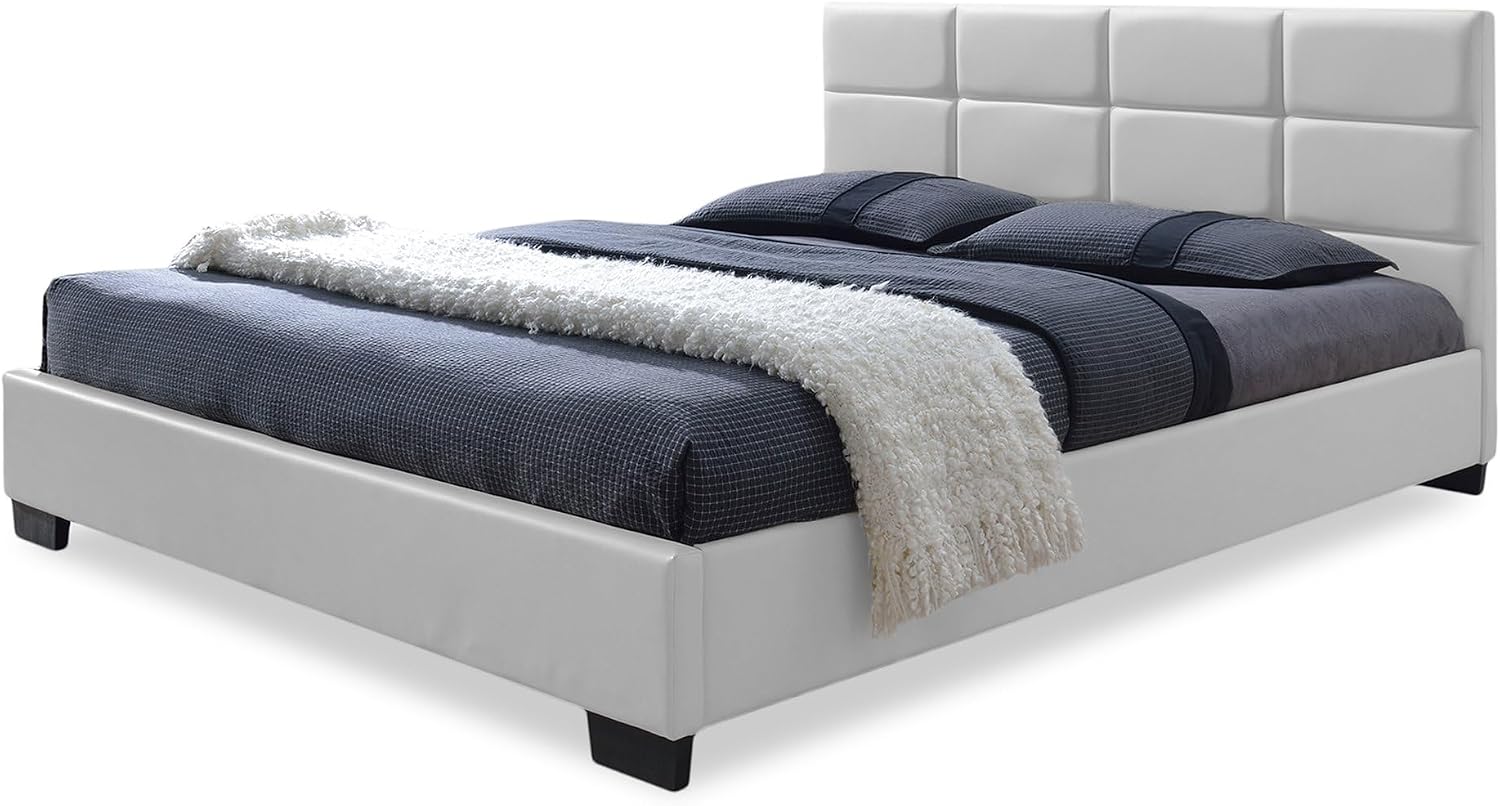 BOWERY HILL Modern Faux Leather Upholstered Queen Platform Bed, White Finish, Sturdy Wood Frame with Support Slats, Padded Grid Tufted Headboard, Contemporary Style for Bedroom Decor
