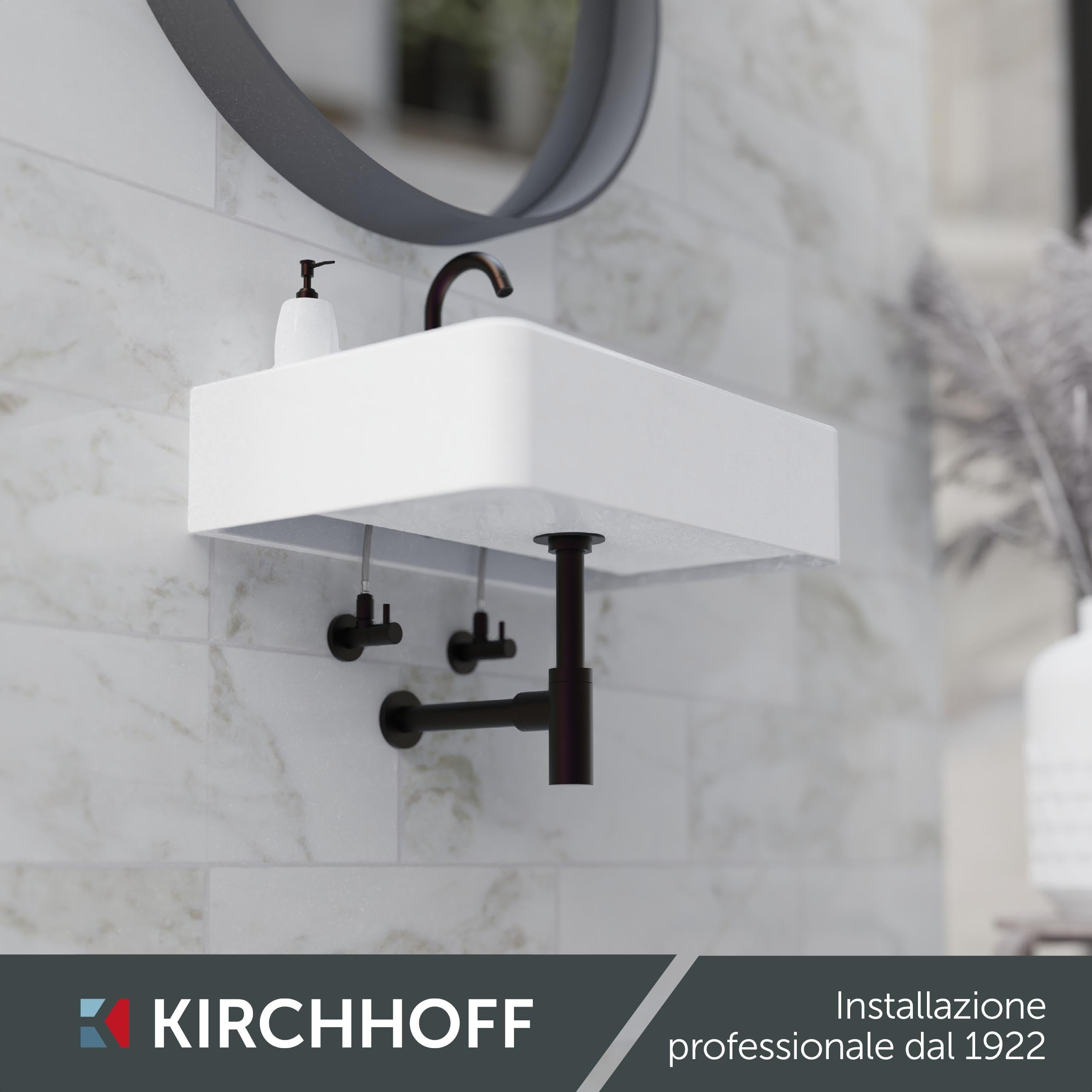 Kirchhoff Sifone di design, sifone per lavabo, in plastica anticorrosione, sifone per lavabo e lavandino, sifone con apertura di pulizia, 98803828, nero