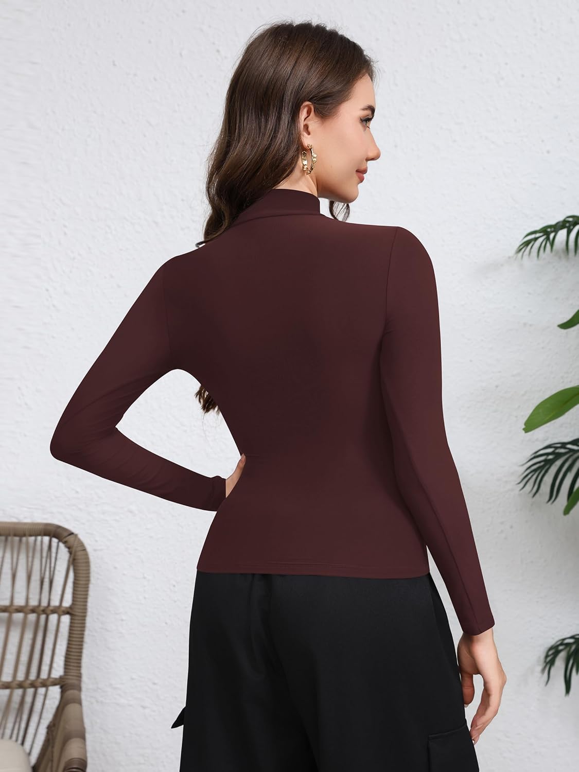 Laughido Women's Mock Neck Long Sleeve Slim Fit Double Lined T-Shirt Casual Basic Crop Tops 2025 Fall Clothes - Image 4