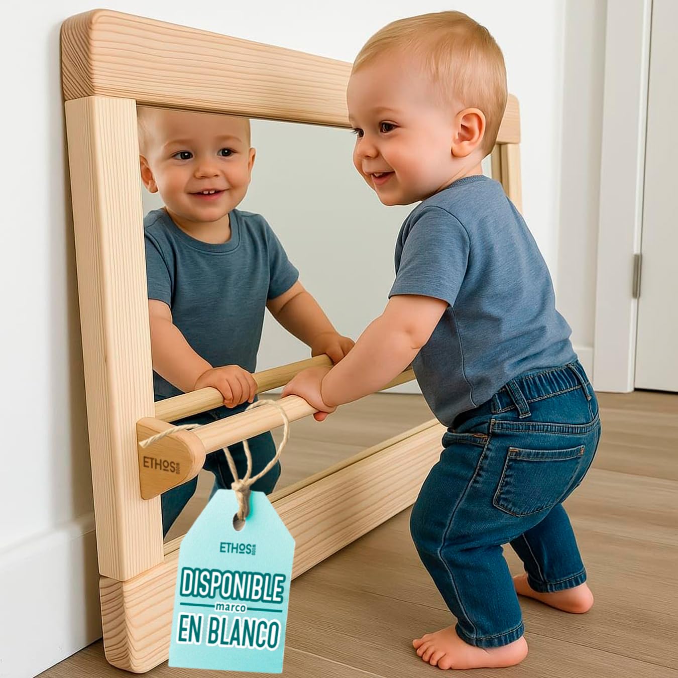 Espejo Montessori con Barra para bebés, Madera Natural barnizada y Cristal irrompible | Certificado CE | Seguridad, autonomía y Juego sensorial | Tamaño (74×50,5 cm) | Hecho en España