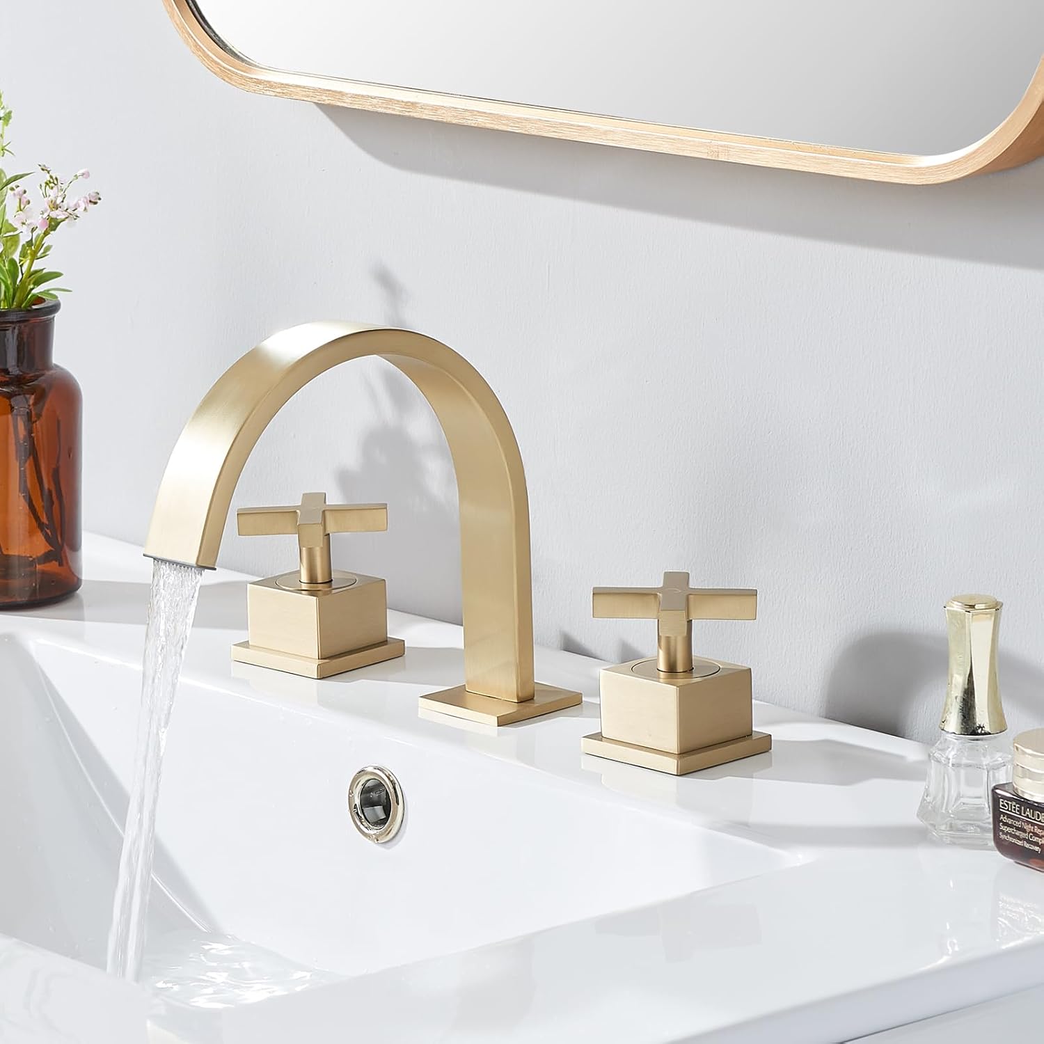 SHACO Brushed Gold Waterfall Bathroom Faucet 3 Hole, 2 Cross Handle