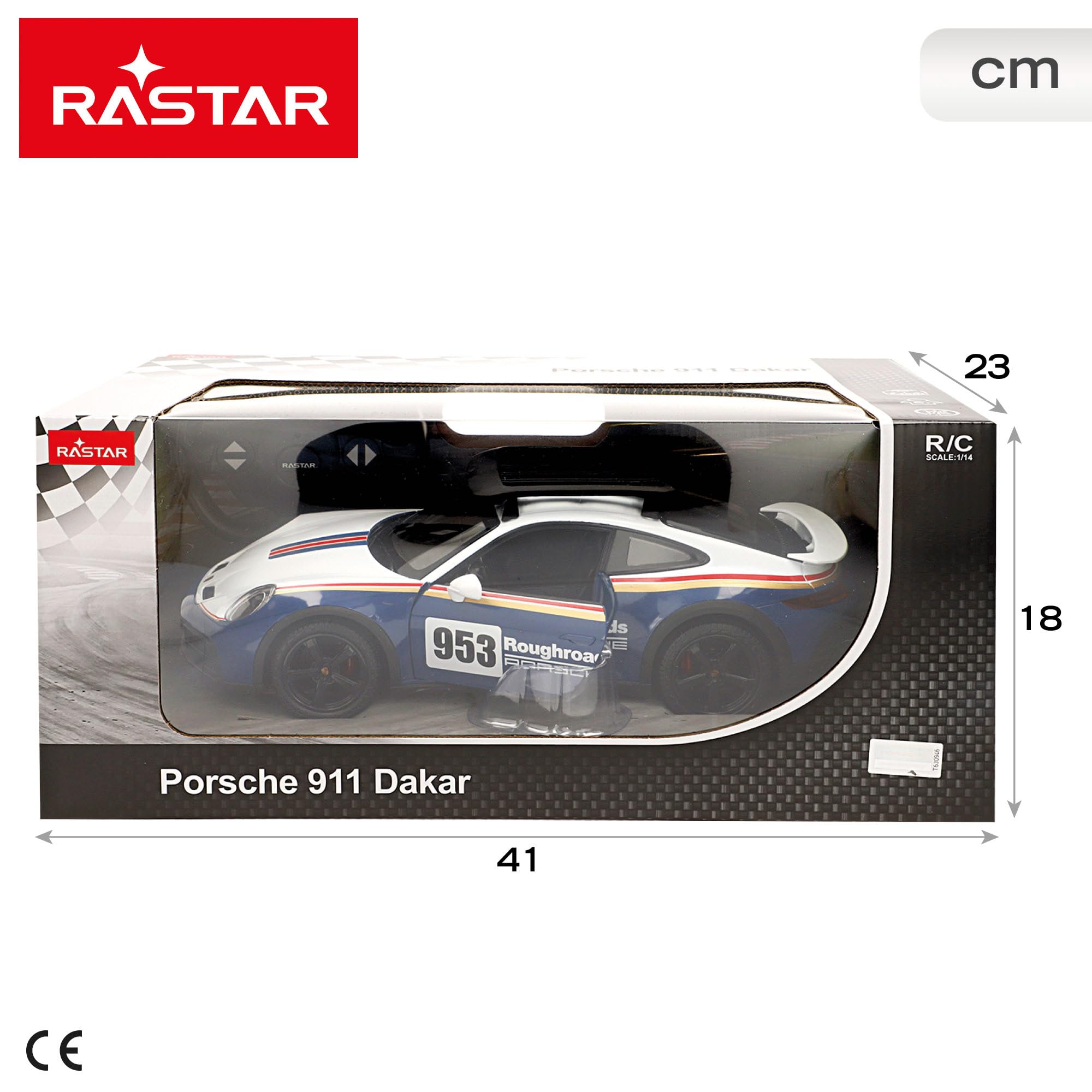 ColorBaby RASTAR Porsche 911 Dakar samochód zdalnie sterowany, w skali 1:14, światła przednie, ręczne otwieranie drzwi i zdejmowany bagażnik, 6 funkcji, oficjalna licencja, od 6 lat (41326)