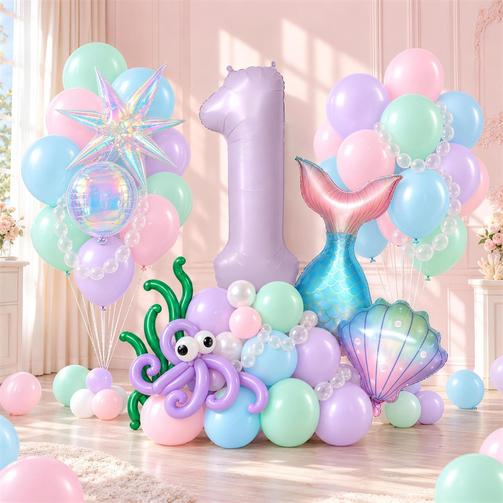 Mermaid 1th Birthday Decor Girls, Pink Purple Blue 40 In Number 1 Balloon