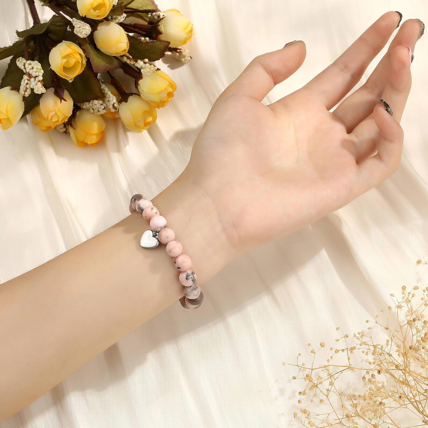 MIXJOY Inspirational Gifts for Women, Heart Charm Pink Elastic Beads Bracelet, Positive Affirmations Get Well Soon Gifts - Image 4