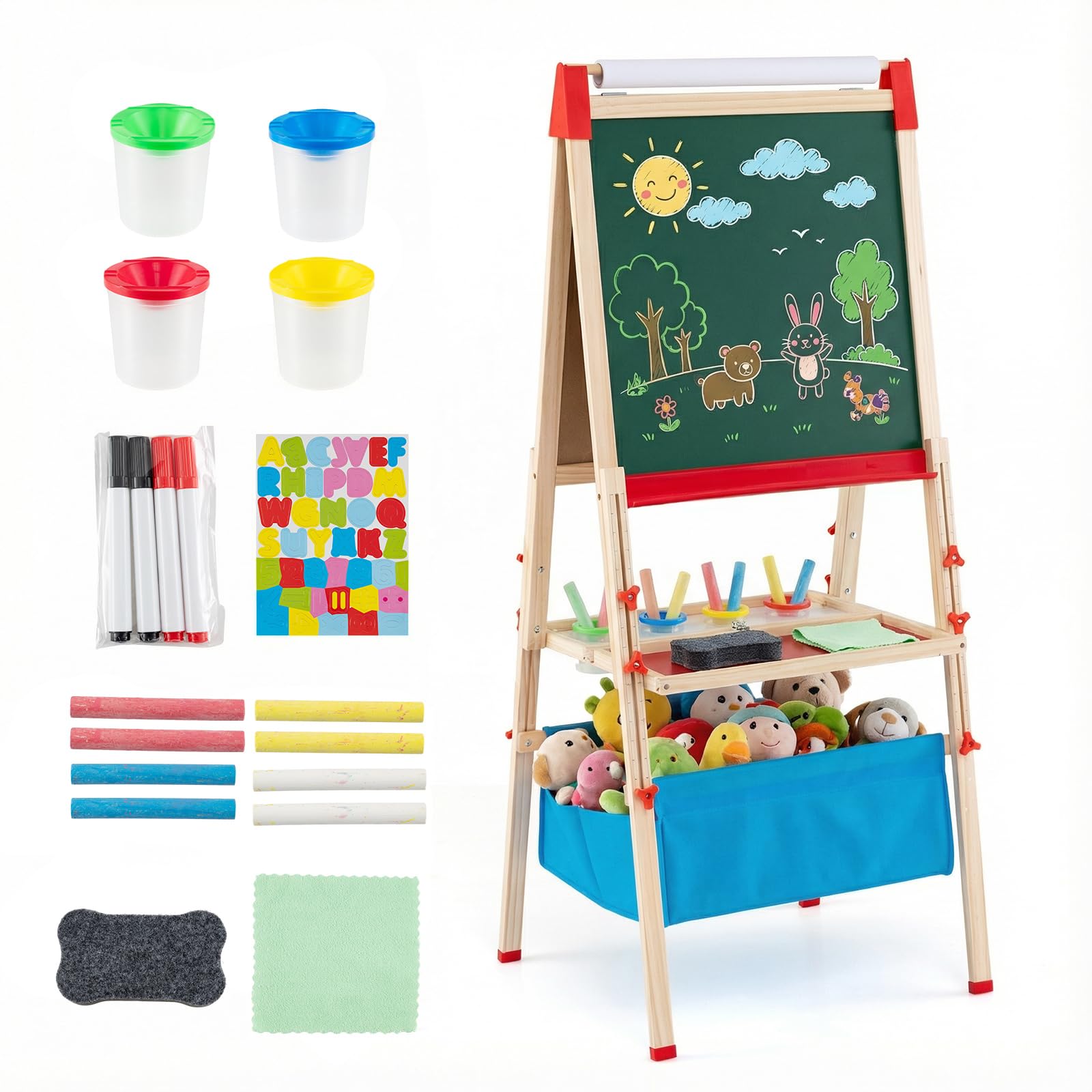 COSTWAY Kids Easel, Double-Sided Art Easels with Magnetic Whiteboard & Chalk Board, Paper Roll, Storage Tray, Height Adjustable Children Drawing Board for Girls Boys (120-145cm)