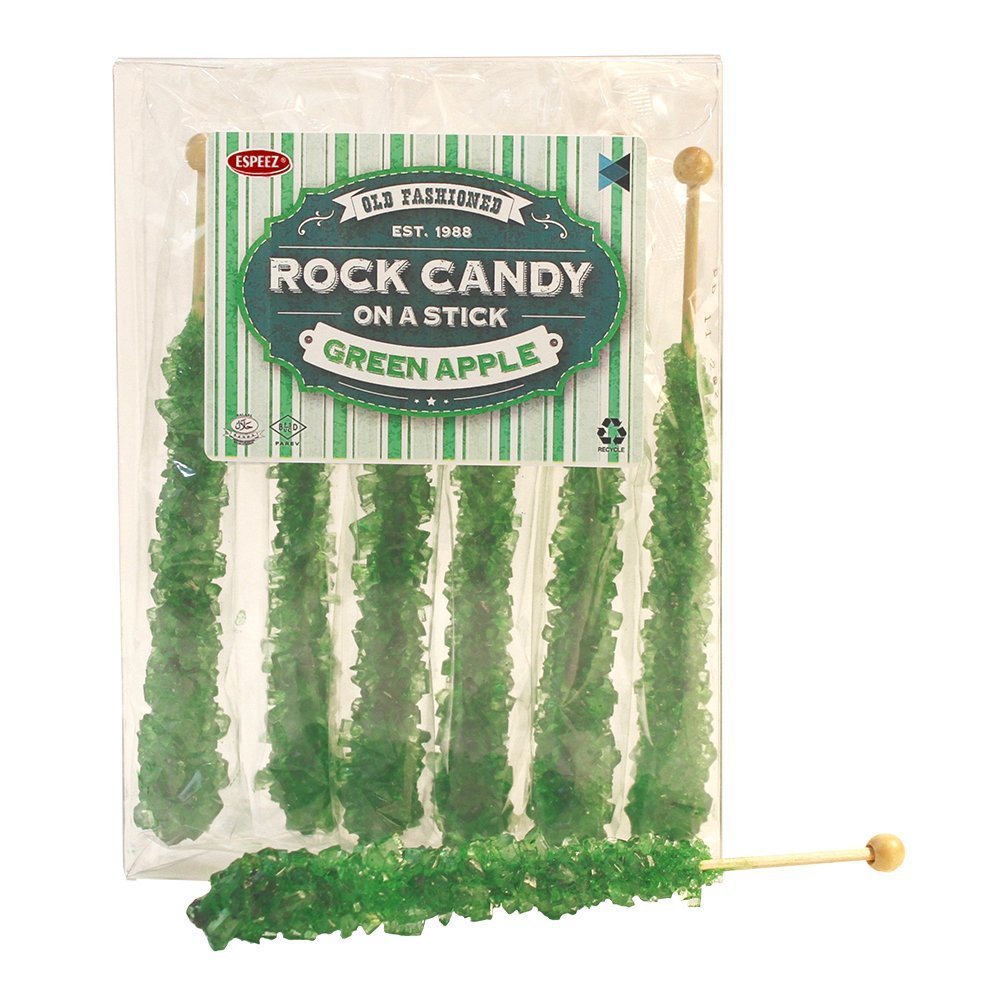 Extra Large Rock Candy Sticks: 6 Green Rock Candy Sticks, Green Apple, Individually Wrapped for Party Favors, Candy Buffet, Birthdays, Baby & Bridal Showers, Old Fashioned Espeez Bulk Candy on a Stick