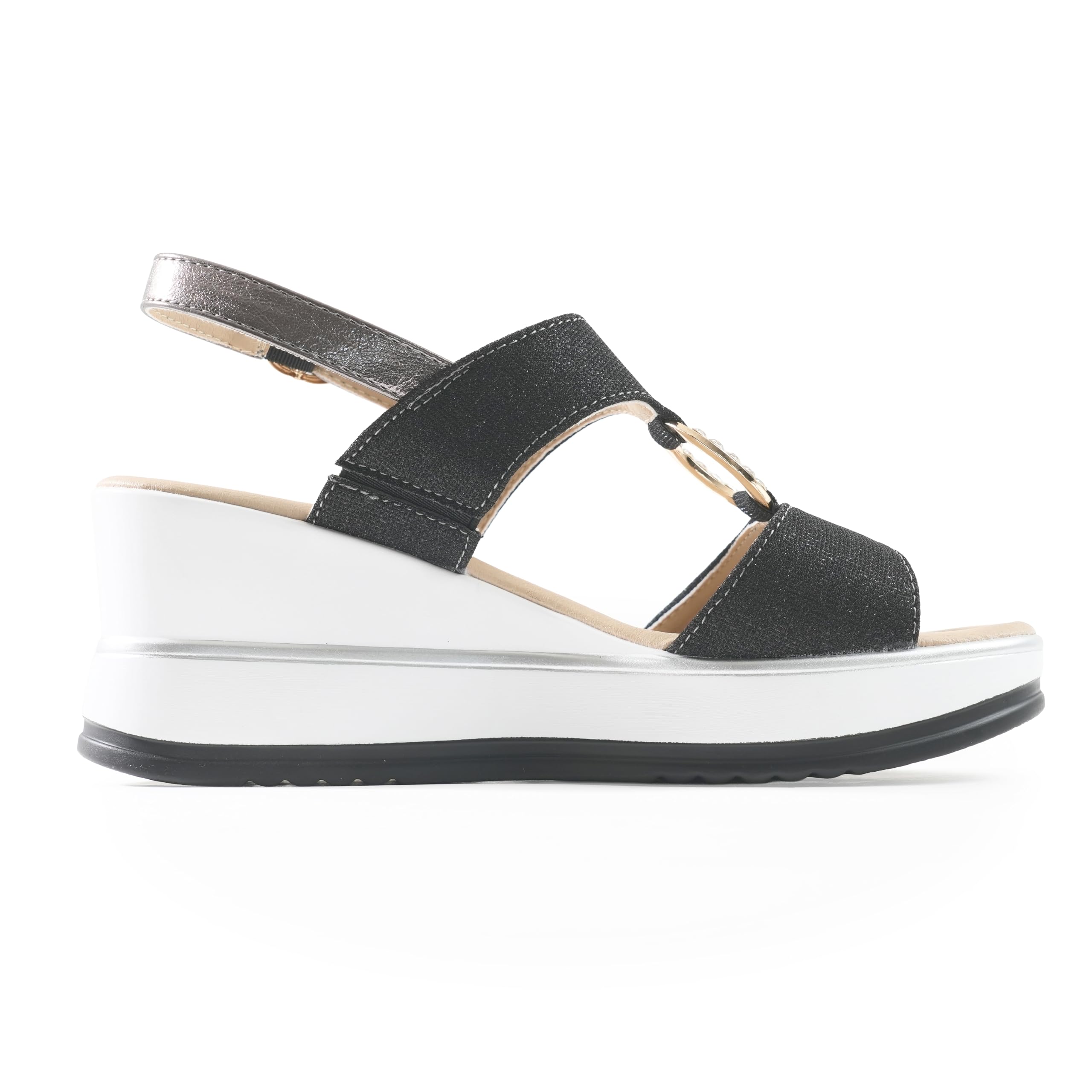 JOMIX Sandales Femme Élégantes avec Compensée 7 cm Tissu Brillant et Détail Bijou avec Anneau Strass Bride Réglable Semelle Confort Amortissante Antidérapante Chaussures Été Casual Chic
