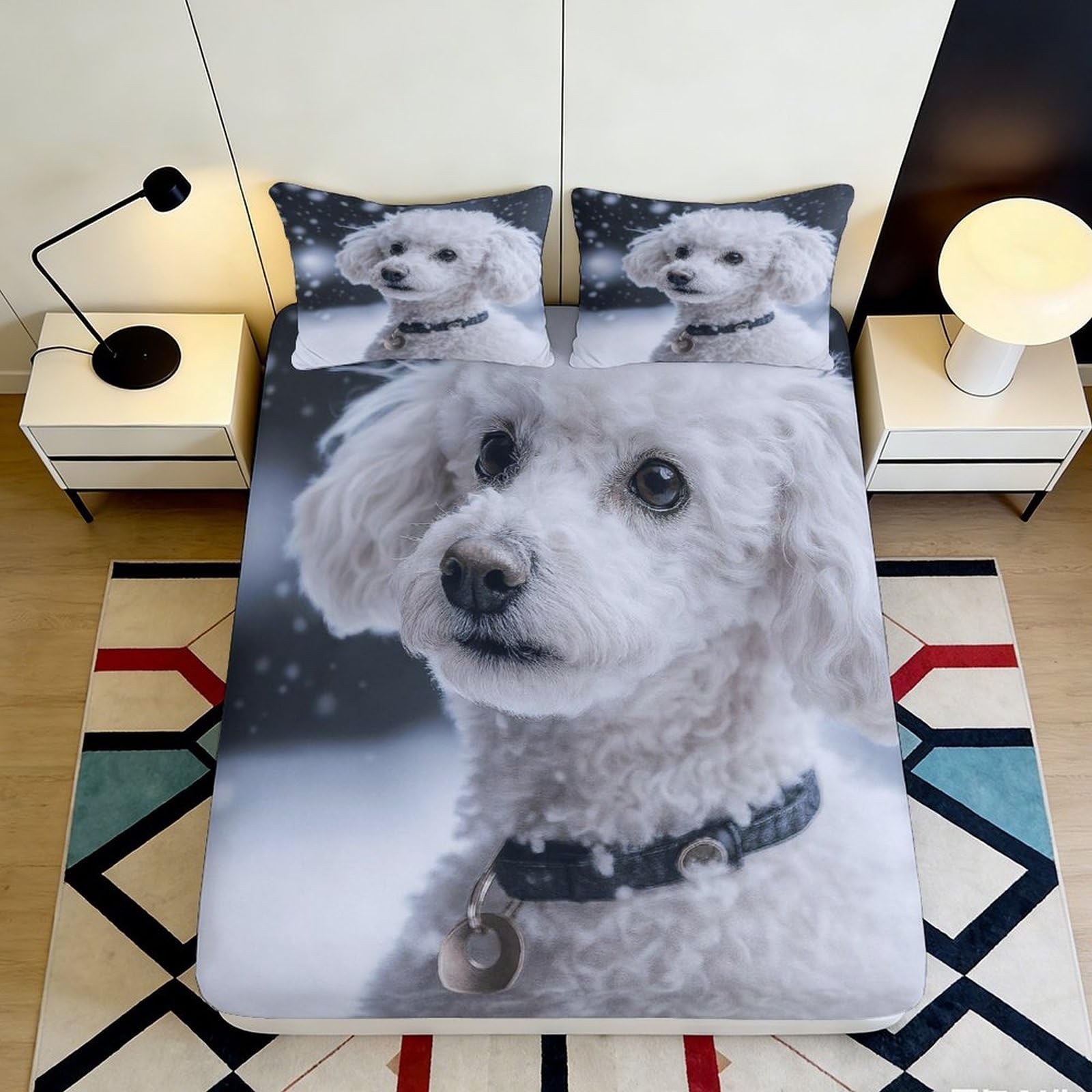 3D Printed White Poodle Fitted Sheet Microfiber Soft Non-slip Snowy Dog Bed Cover for Bedroom Dorm Mattress Protection 180x200x25cm
