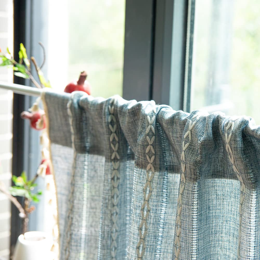 Tassel Valances for Windows Modern Farmhouse Cotton Linen Valance Kitchen Curtains Country Window Treatments Curtain for Bathroom Bedroom Decors Blue