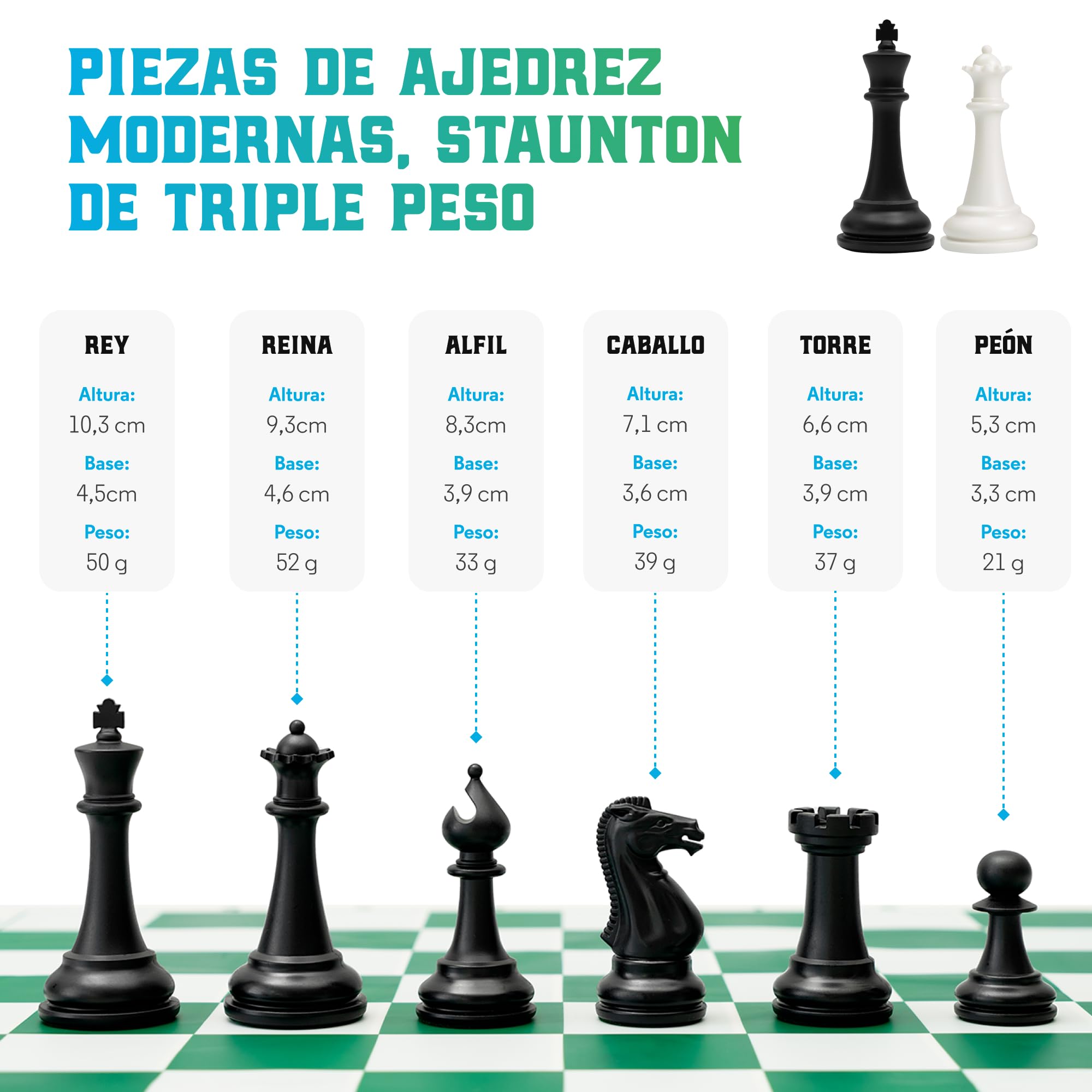 Best Chess Set Ever Set Profesional de Torneo Piezas Staunton Peso Triple | Tablero de silicona doble cara 50x50cm, piezas Staunton, guía 32 páginas y bolsa viaje. Para profesionales y principiantes