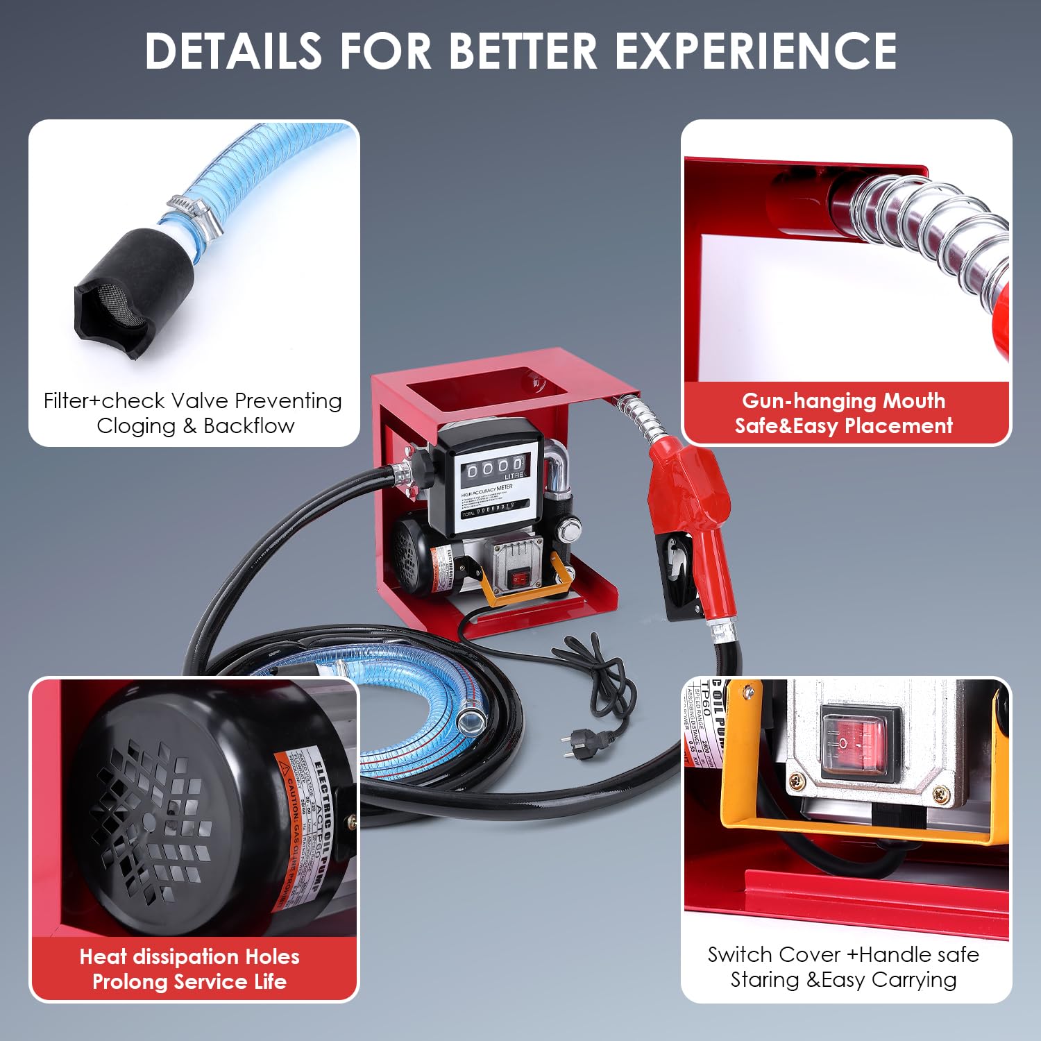 Bomba gasóleo, 220 V 550 W bomba de aceite autocebante, gasolineras móviles 60/min, con mangueras y boquilla(Diámetro de la boquilla20 mm), para camiones cisterna, etc