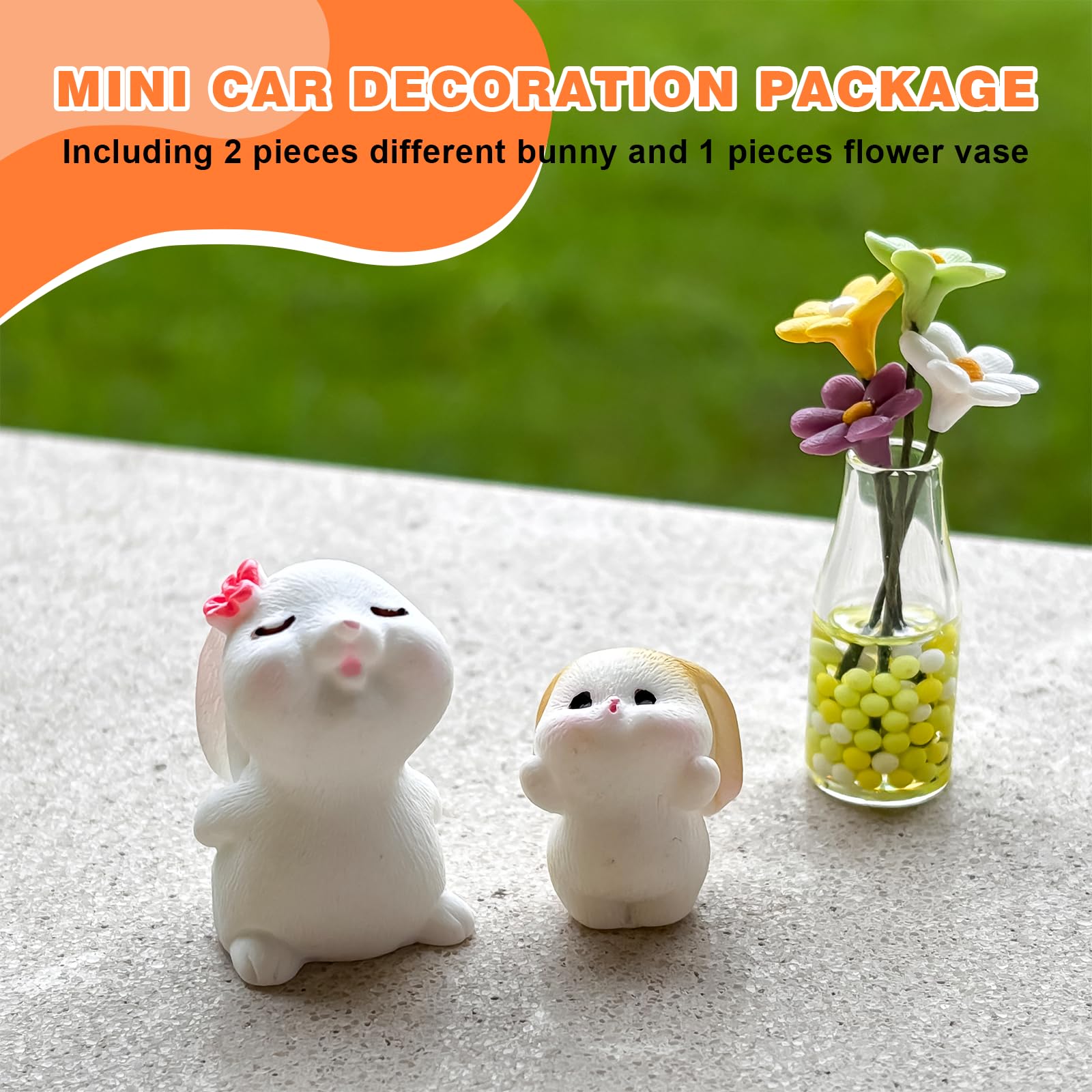 Lot De 3 Décoration De Voiture, Décorations De Tableau De Bord Amusantes En Résine Accessoires D'Intérieur De Voiture En Forme De Lapin Et De Fleur (2