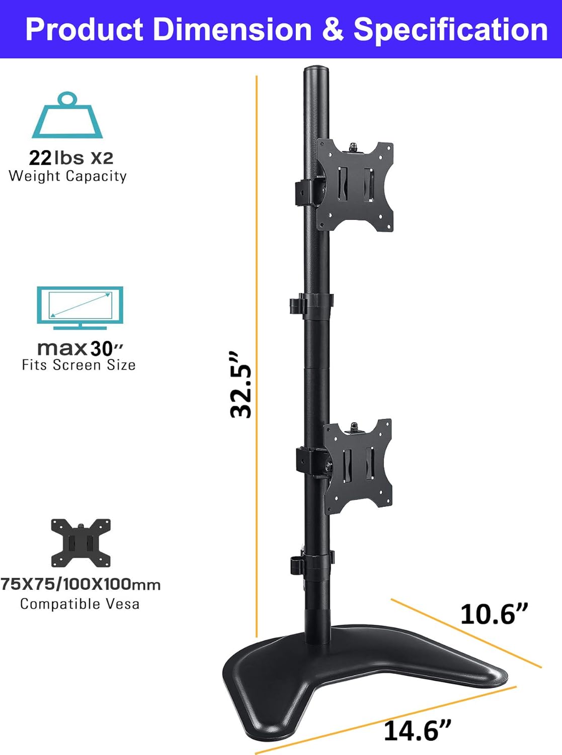 Super Sale 🛒 FORGING MOUNT Dual Monitor Stand - Vertical Stack Screen Free-Standing Holder LCD Desk Mount Fits Two 13 to 32 Inch Computer Monitors with C Clamp Grommet Base,VESA 75 100 Compatible