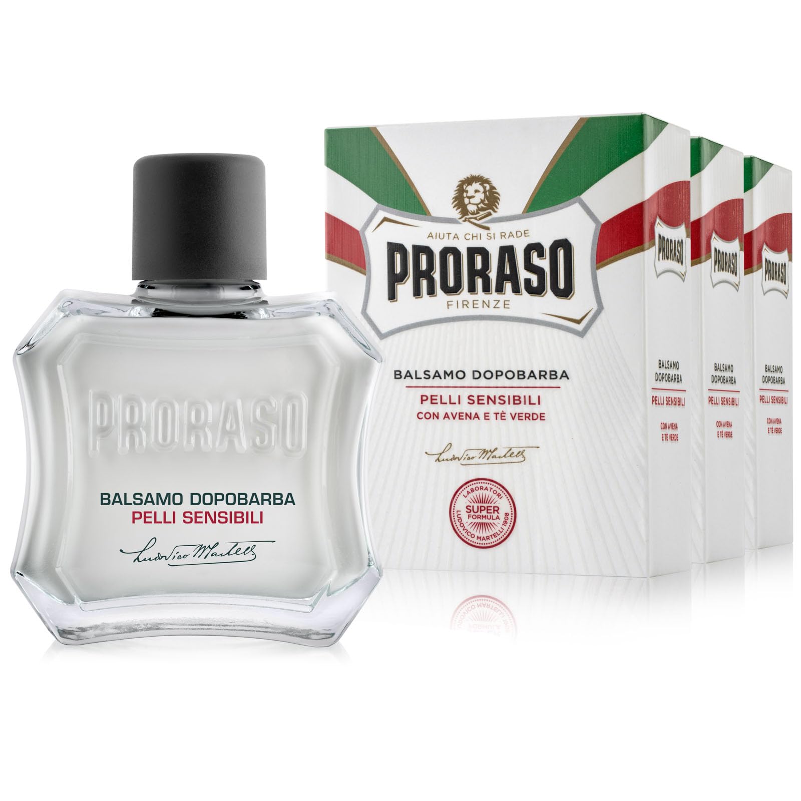 Proraso Balsamo Dopobarba Uomo Pelli Sensibili, 3 x 100ml, Dopobarba uomo con estratti di Avena e Tè Verde, Effetto calmante, Senza alcol, Made in Italy