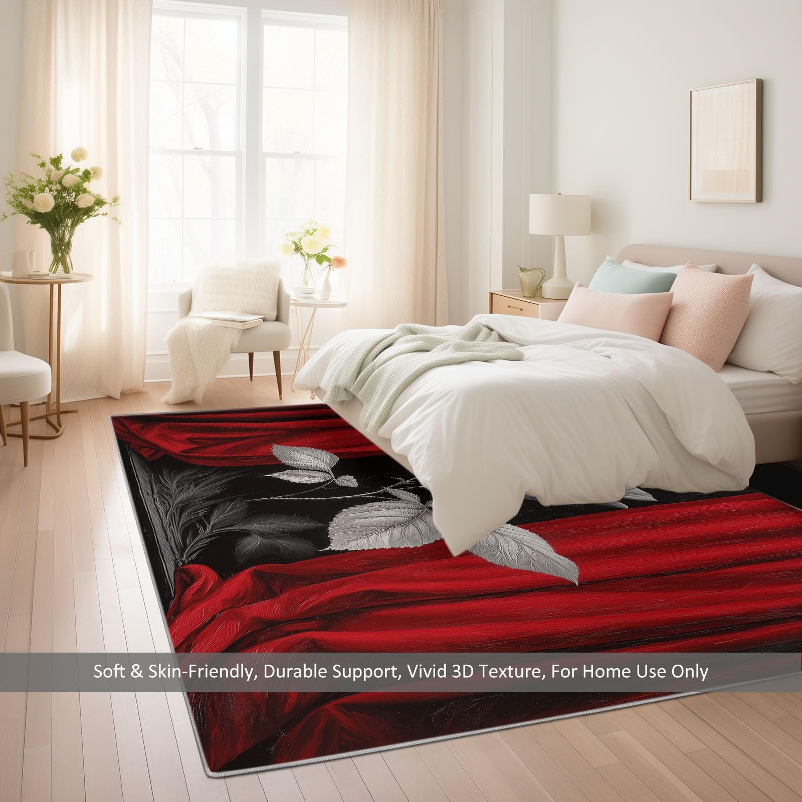 Generisch Teppich 160 x 230cm Weich rutschfest - Rote Vorhänge Schwarze Rosen Druck Muster für Dekoration Schlafzimmer Kinderzimmer Esszimmer Paarzimmer Kurzflor