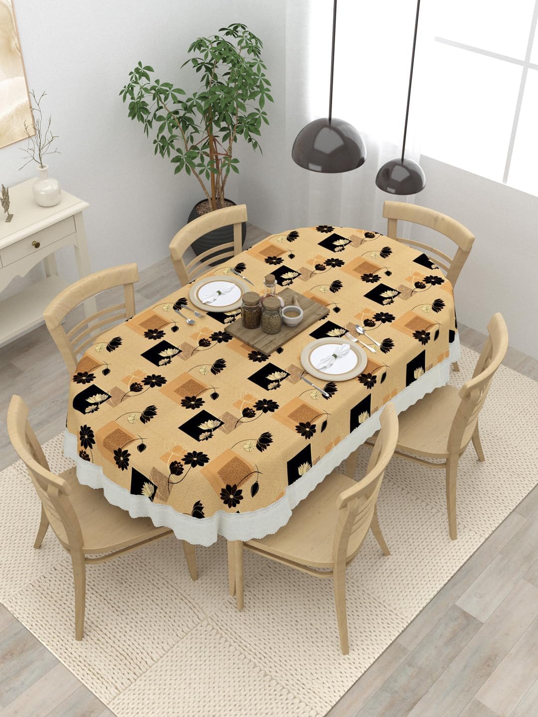 MANUFACTORY Oval Shaped WxL 60x90 Inch 6 to 8 Seater Dining Table Cover Waterproof PVC Lotus Pattern Brown