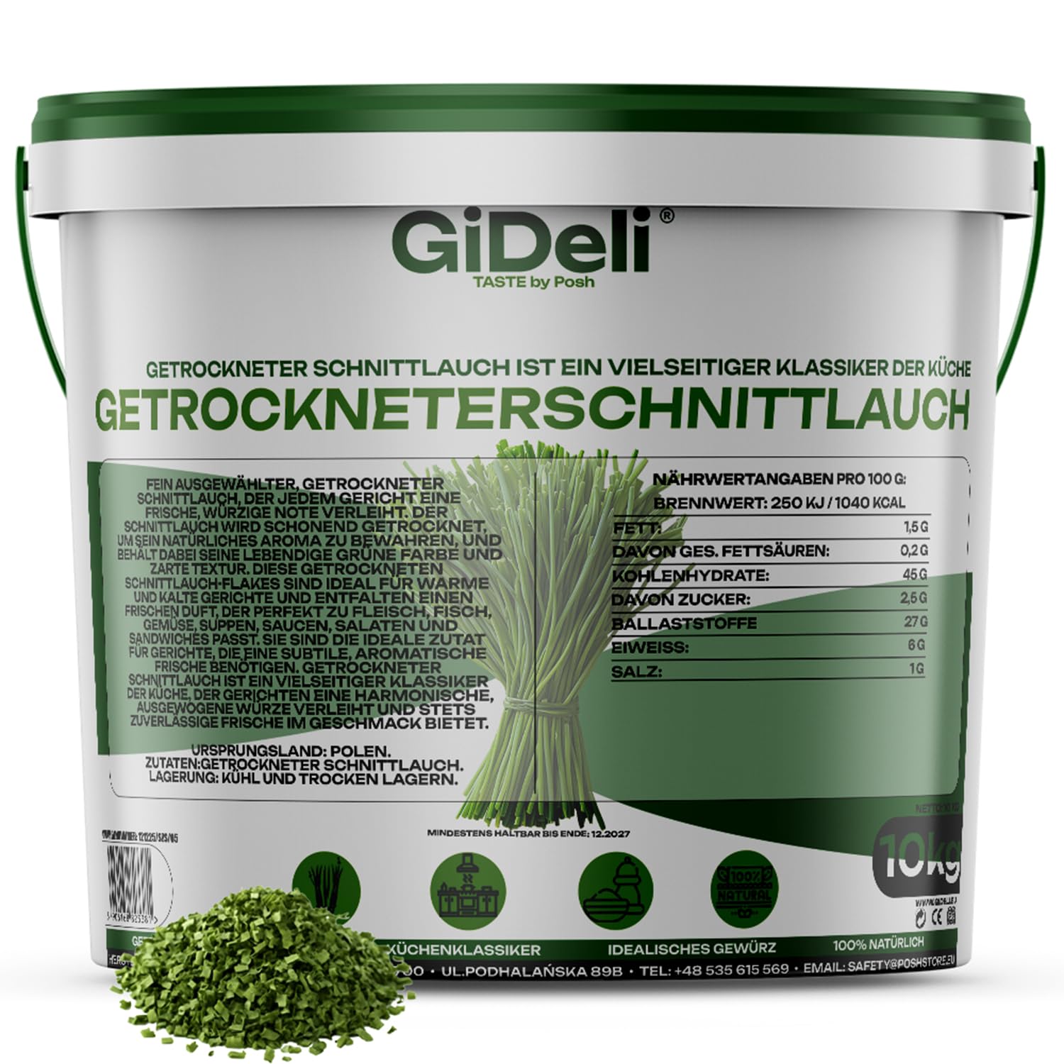 GiDeli Getrockneter Schnittlauch 10kg im Eimer - Küchenkräuter getrocknet - Perfekt für Kartoffelgerichte Suppen Salate Soßen