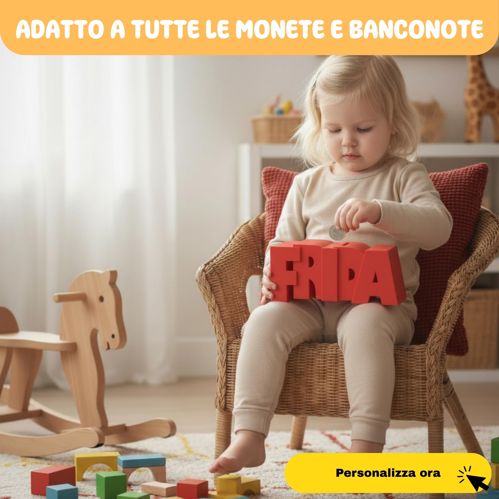 Salvadanaio Personalizzato per Bambini – Porcellino Salvadanaio con Nome – Porta Soldi e Raccogli Monete – Regalo Battesimo, Nascita e Compleanno