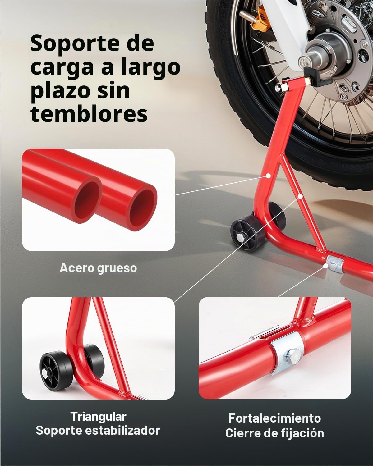 VEVOR Soporte para Rueda Trasera de Motocicleta, Capacidad de 390 kg, Resistente, con Horquilla en U y L, para Motocicleta, para Suzuki, Yamaha, Honda y Kawasaki, Color Rojo, 770 x 540 x 350 mm