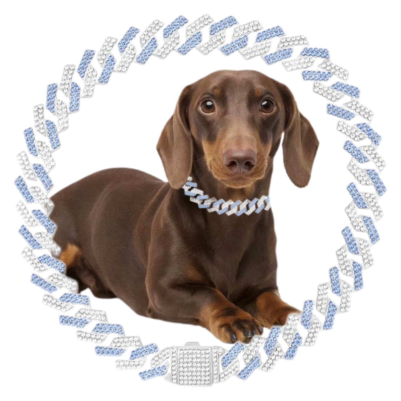 Blue Dog Chain Collar Rhinestone Bling Glitter Metal Cat Necklaces Diamond Cuban Link Puppy Collar, Pet Jewelry for XXS XS Small Medium Large Dogs