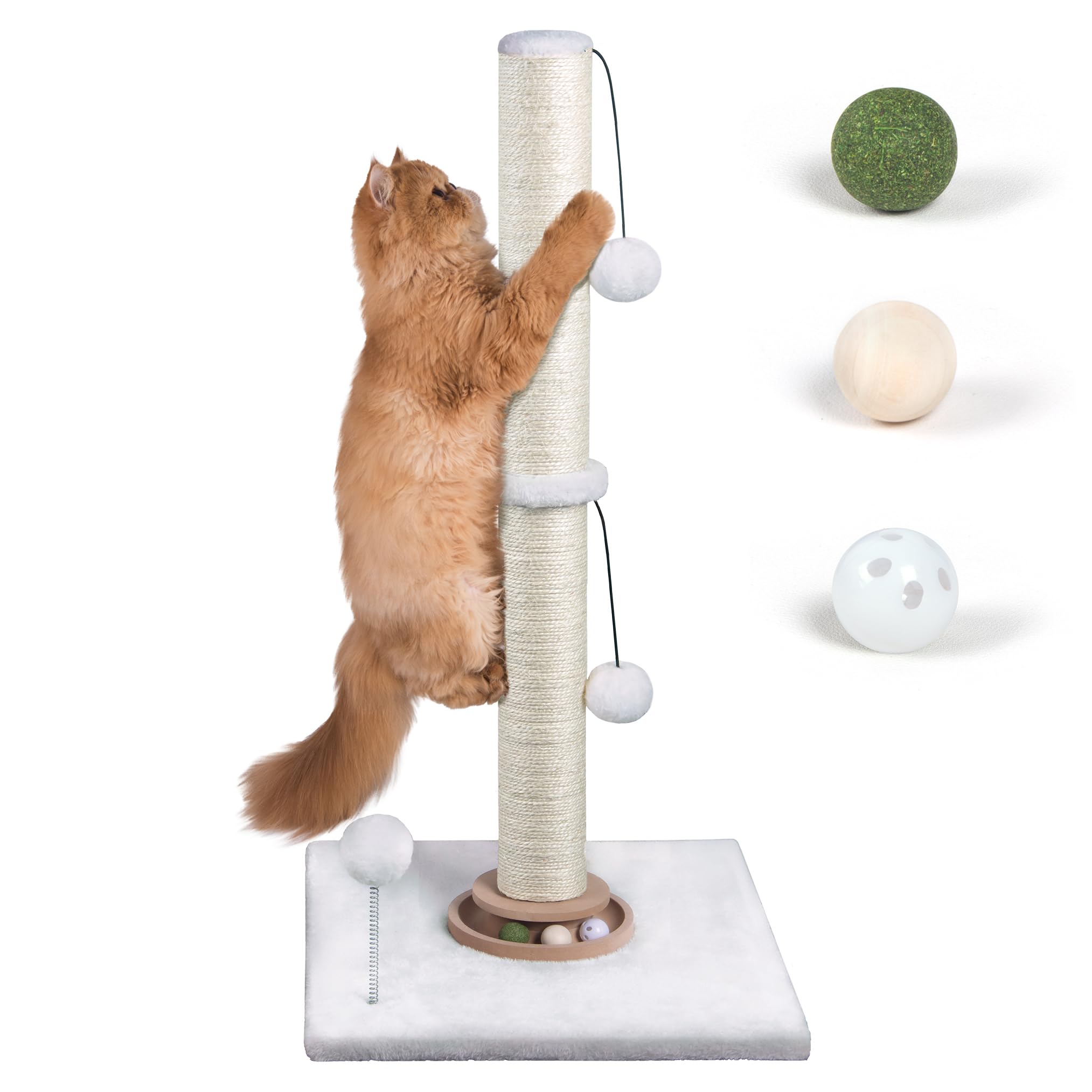Fantasreen 31" Cat Scratching Post Kitten Toys for Indoor Cats, Interactive Cat Scratcher with Catnip Balls, Sisal Scratch Rope for Large Cats, White