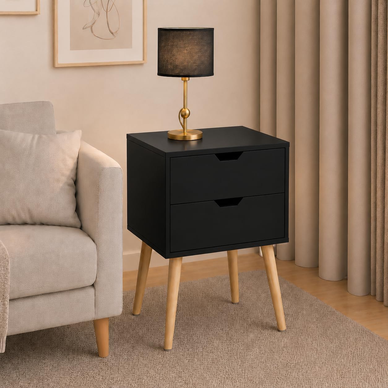 Device Bas with BROWN ART SHOPPEE 2-Drawer End Side Table With Drawer And Solid Wood Legs, Bedside Table For Bedrooms, Mid-Century Modern Drawer Storage Cabinet For Bedroom & Furniture (Black)-image-46