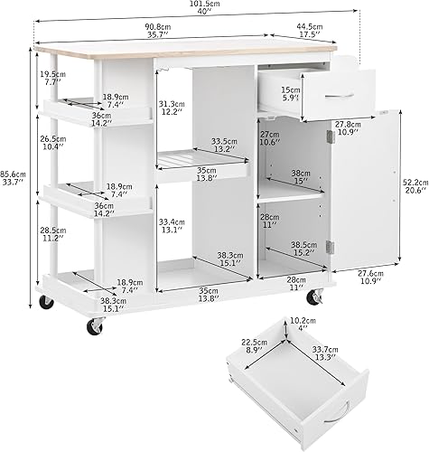 Miniatura 4 de Livavege Carrito de cocina multiusos con gabinete de almacenamiento, cajón, estante ajustable y gancho lateral, isla de cocina rodante sobre 5