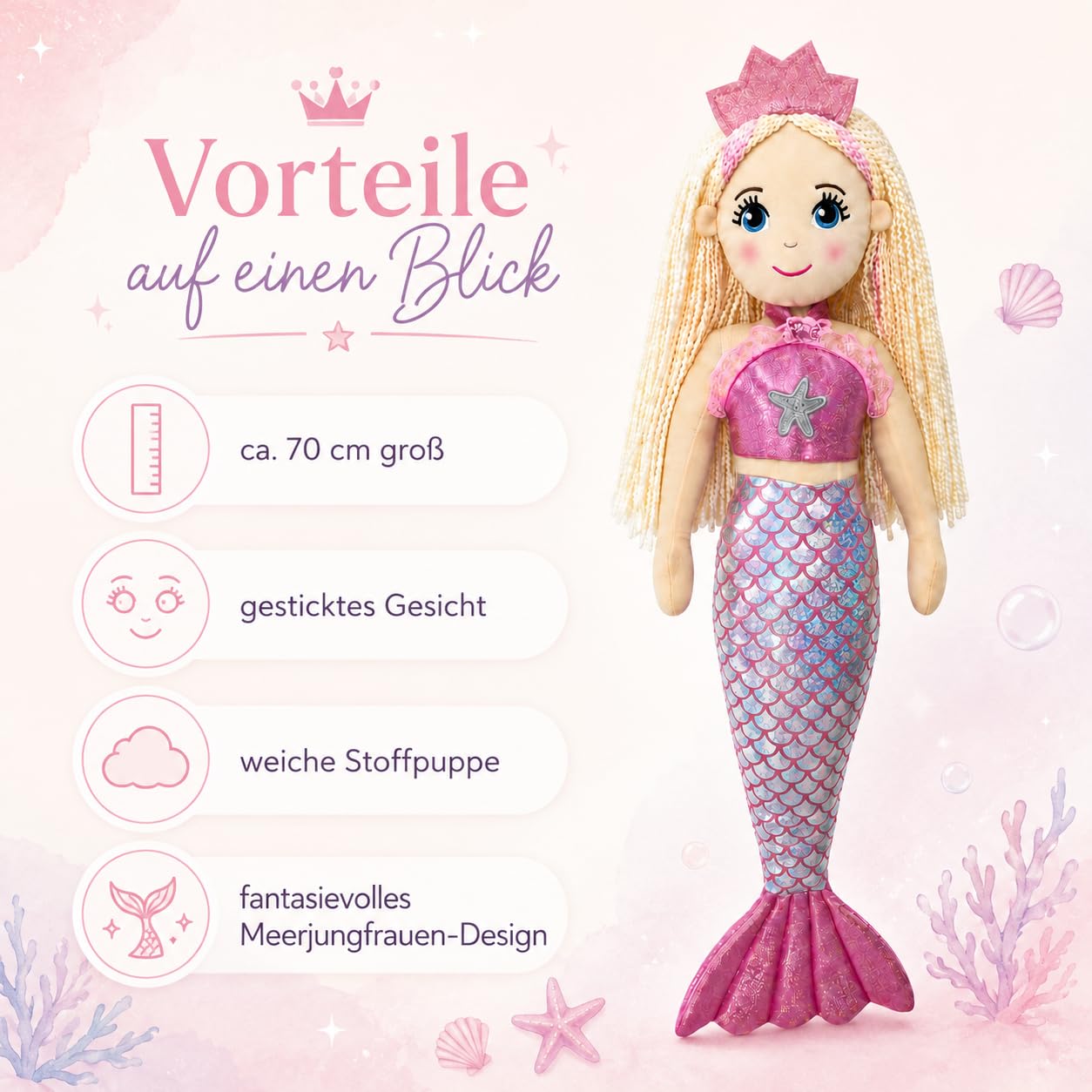 Sweety Toys 11889 Stoffpuppe Meerjungfrau Plüschtier Prinzessin 70 cm rosa
