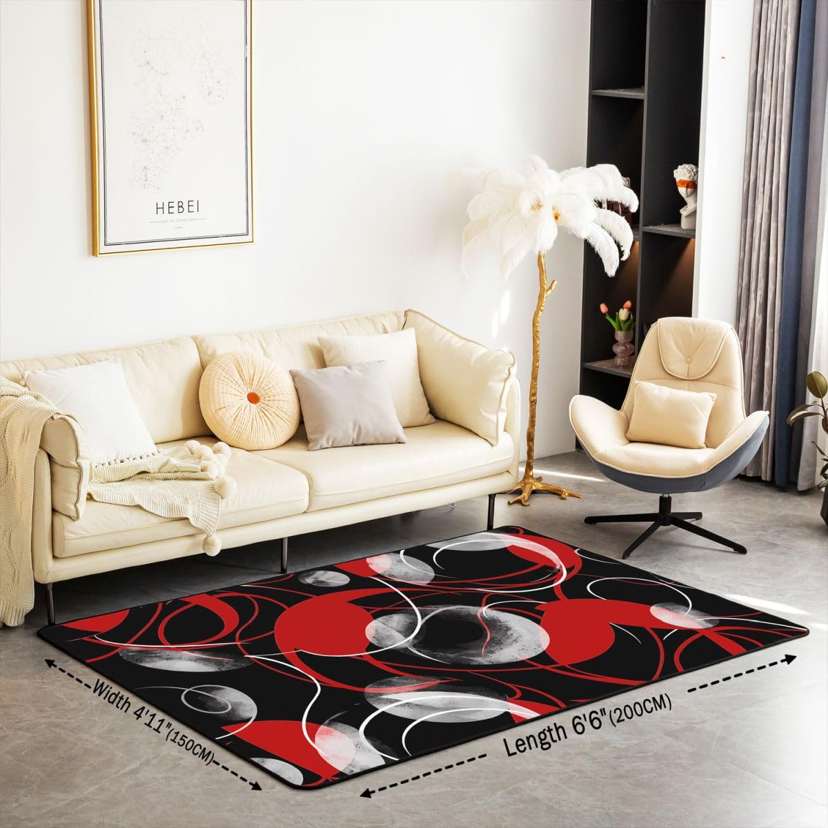 Loussiesd Tapis de Salon 100x150cm Rouge Noir Tapis Chambre Résumé Art Modernee Moderne,Doux,Lavable Géométrique Idéal pour Salon et Chambre Antidérapant