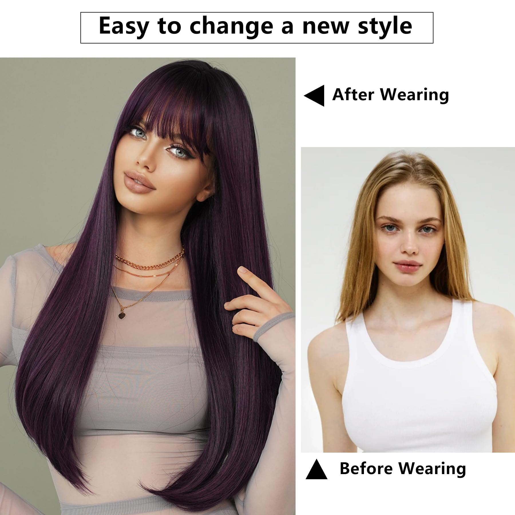Long Straight Synthetic Wig with Bangs Heat Resistant Layered Party Festival Long Straight Black Synthetic Hair Wigs with Bangs Natural  main image 2