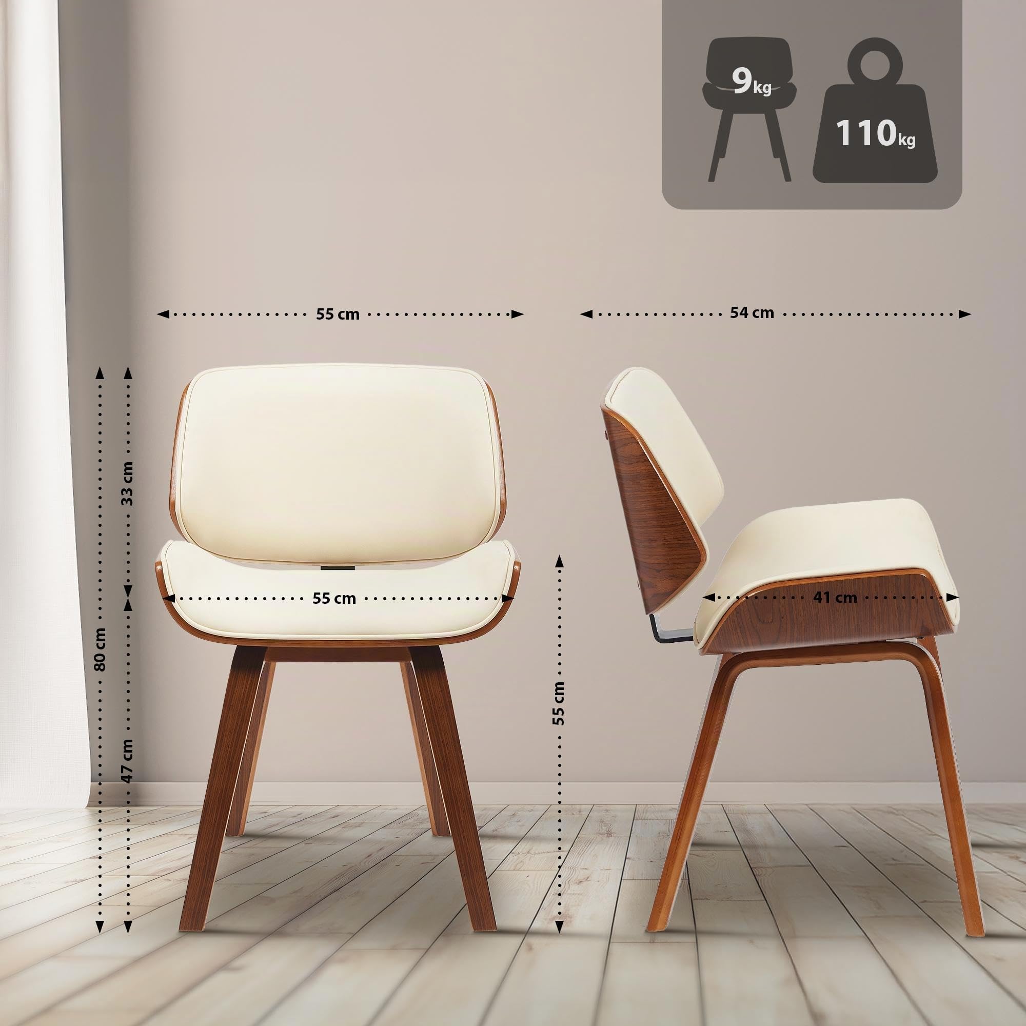 CLP Silla de Comedor Beverley tapizada en Piel sintética, Silla tapizada con Madera Curvada, Silla de Cocina con Respaldo Color:Nuez/Crema