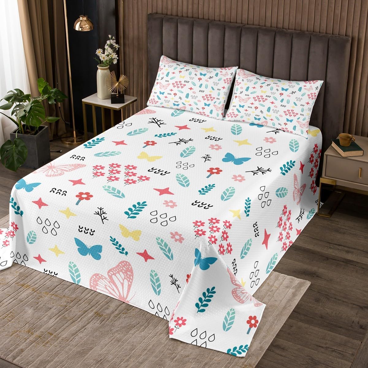 Castle Fairy Colorful Butterfly Bedspread Twin Size,Cute Flowers Leaves Bedding Sets 2Pcs for Kids Girls Boys Room Decor,Cartoon Animals Plants Comforter Set Kawaii Quilt Coverlet,1 Pillowcase