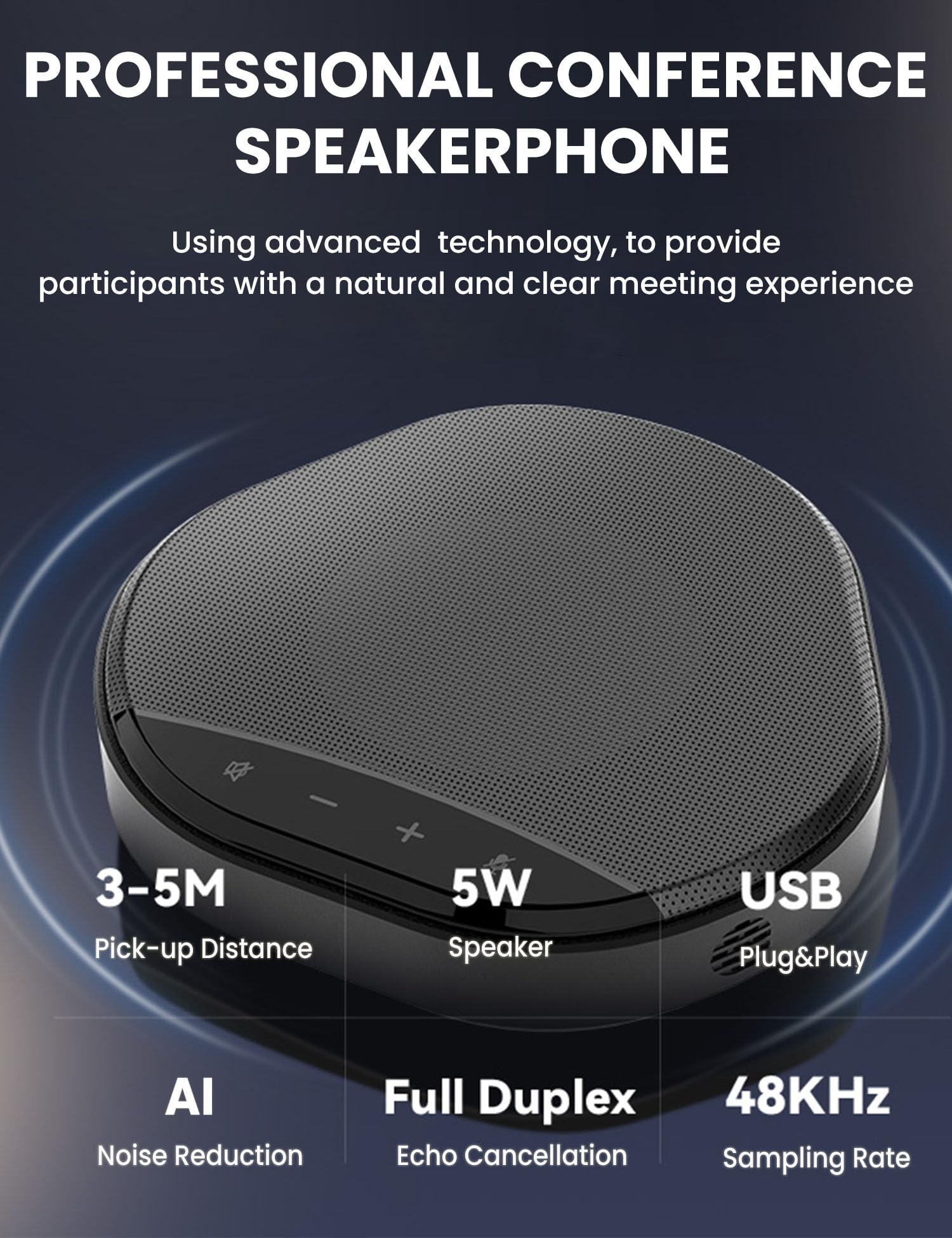 Altoparlante e microfono per conferenze, pickup vocale migliorato a 360° con 2 microfoni AI, riduzione eco e rumore, vivavoce Plug & Play USB-C per chiamate Zoom Skype Teams, per casa ufficio e sala