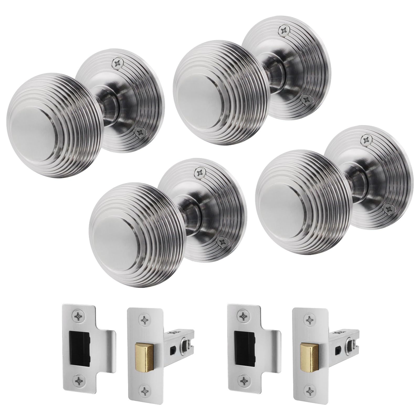 Eai Satin Chrome Beehive Door Knob Set | 2 Pairs Of Reeded Mortice Knobs (55Mm) & Latch (76Mm) For Internal Doors