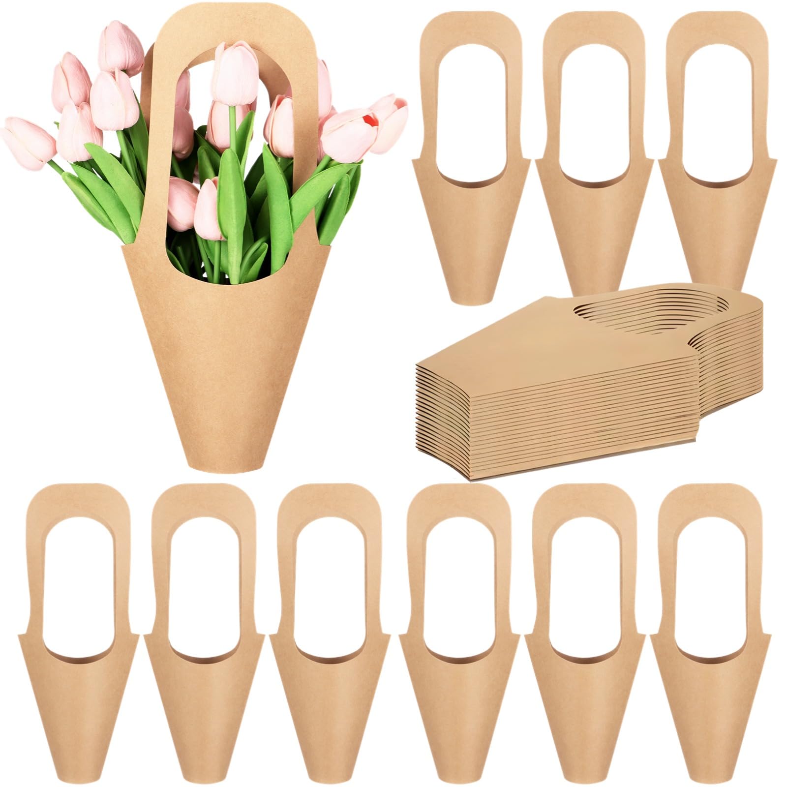 50 Stk. Blumen Geschenktaschen aus Kraftpapier, Brautstrauß-Taschen mit stabilen Henkeln, braune Blumen-Verpackungstaschen mit breiter Öffnung für frische Blumen, Pflanzen und kleine Geschenke