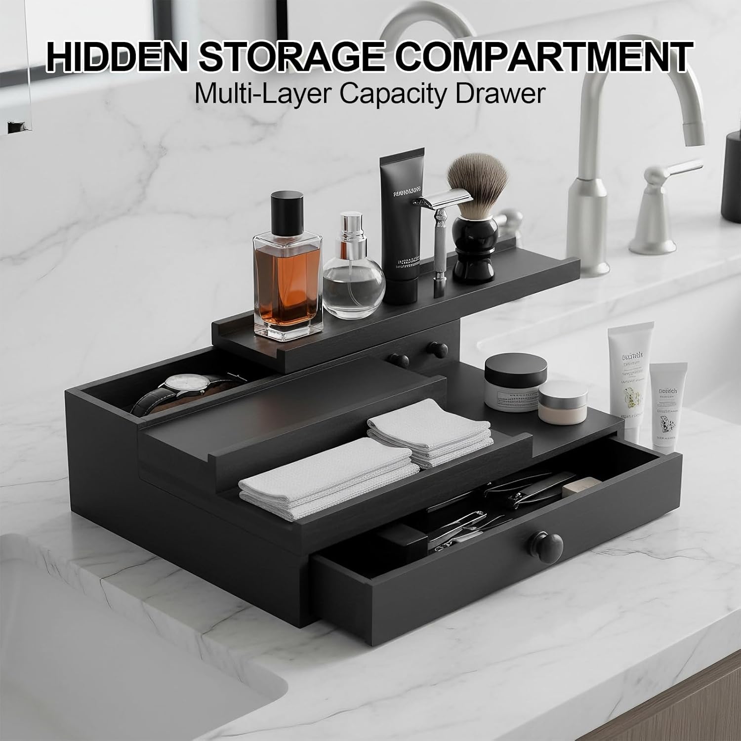 Cologne Organizer for Men,Solid Wood Cologne Stand with Drawer and Hidden Compartments, Nightstand Organizer,Dresser Drawer Organizers,Organizador de Perfumes,Perfume Stand Organizer for Bedroom,Black