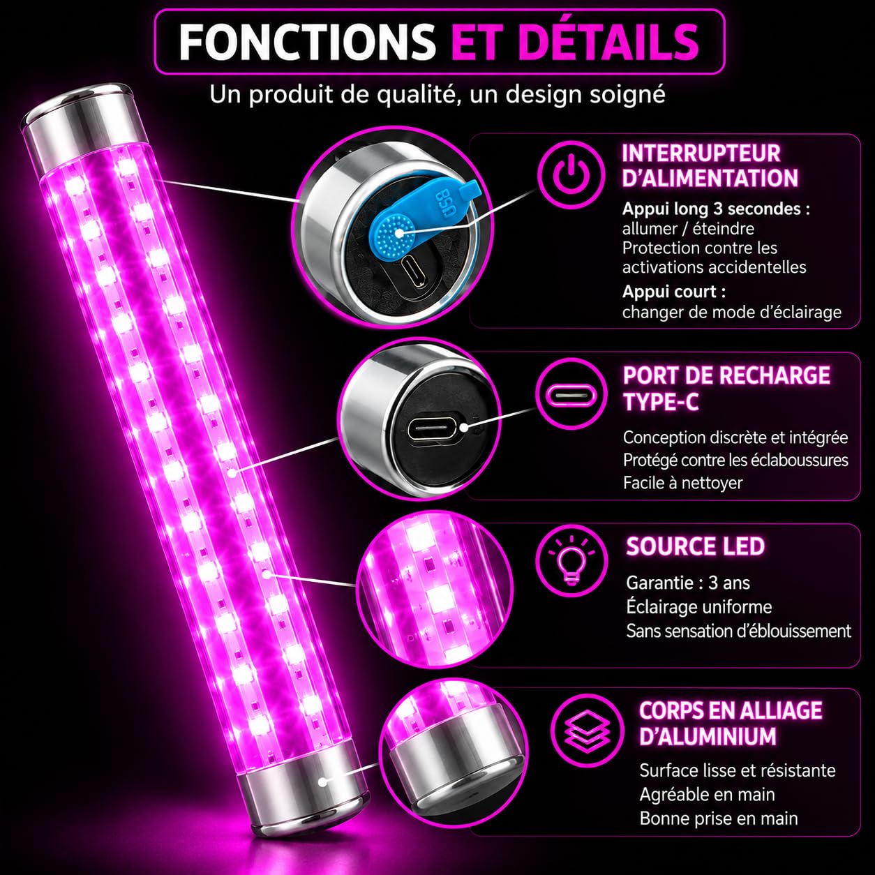 Lote de 8 palos luminosos LED rosas recargables USB-C – 3 modos de iluminación, hasta 10 horas de autonomía, para servicio de botellas, bares, clubes, discotecas y veladas