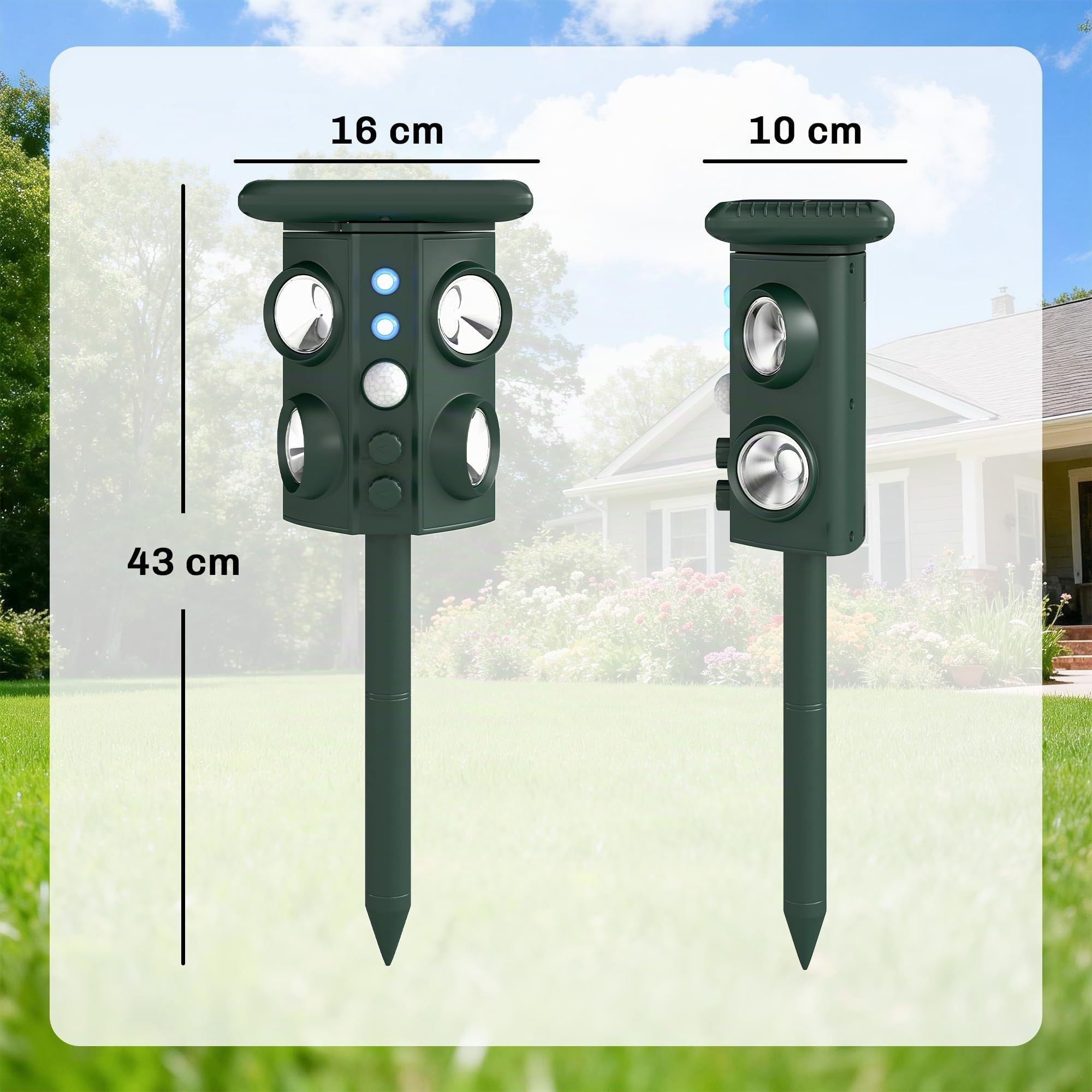 Outsunny Repellente Gatti Ultrasonico Solare Dissuasore per Gatti | 5 Modalità PIR, Flash LED, 110°, IPX4 Impermeabile, 4 Altoparlanti per Animali